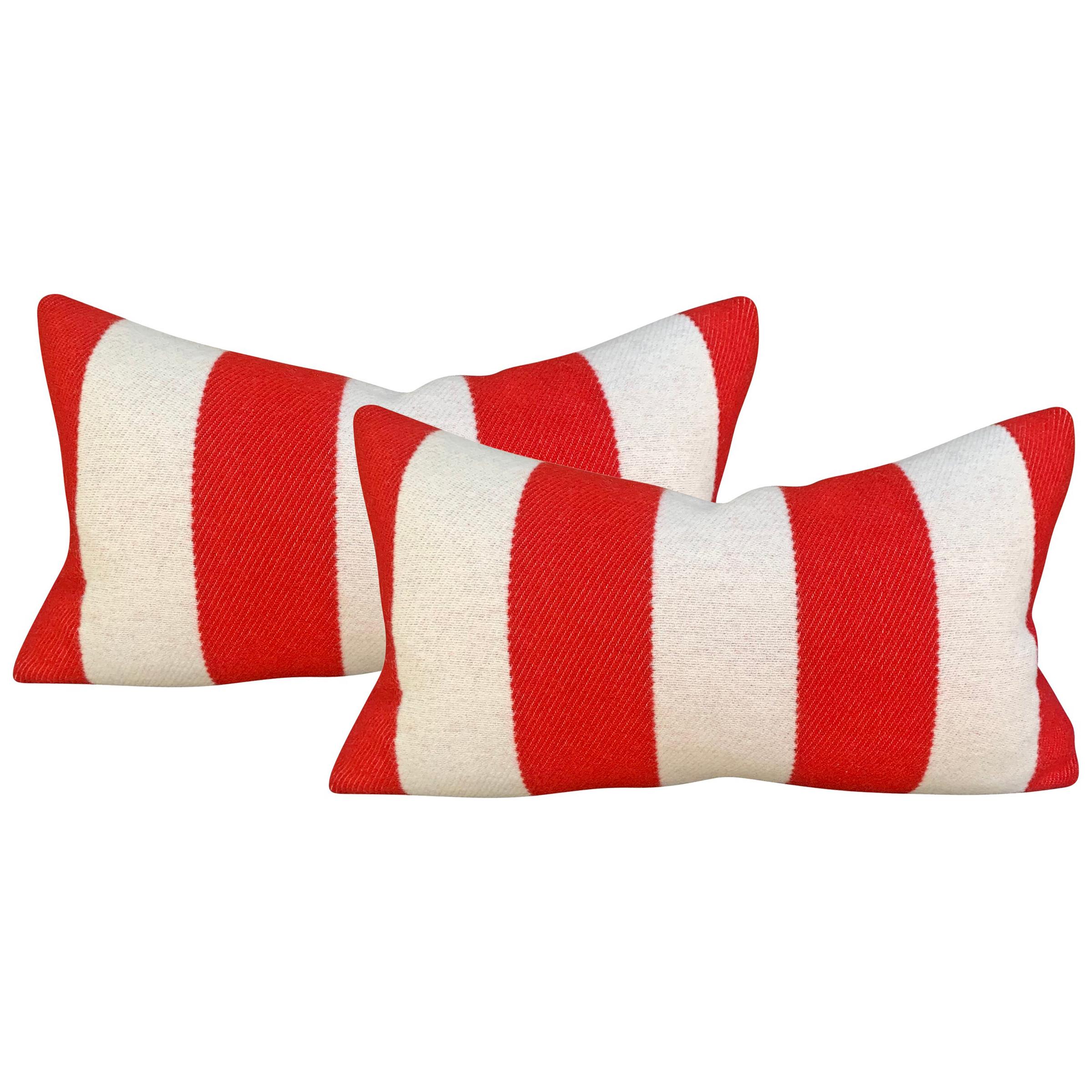 Pair of Custom Red and White Striped Wool Lumbar Pillows For Sale