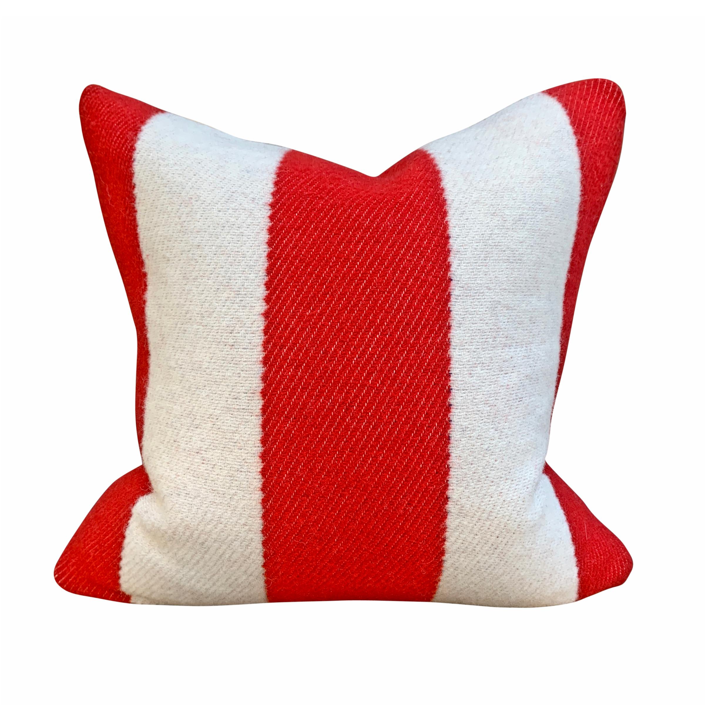 Rustic Pair of Custom Red and White Striped Wool Pillows