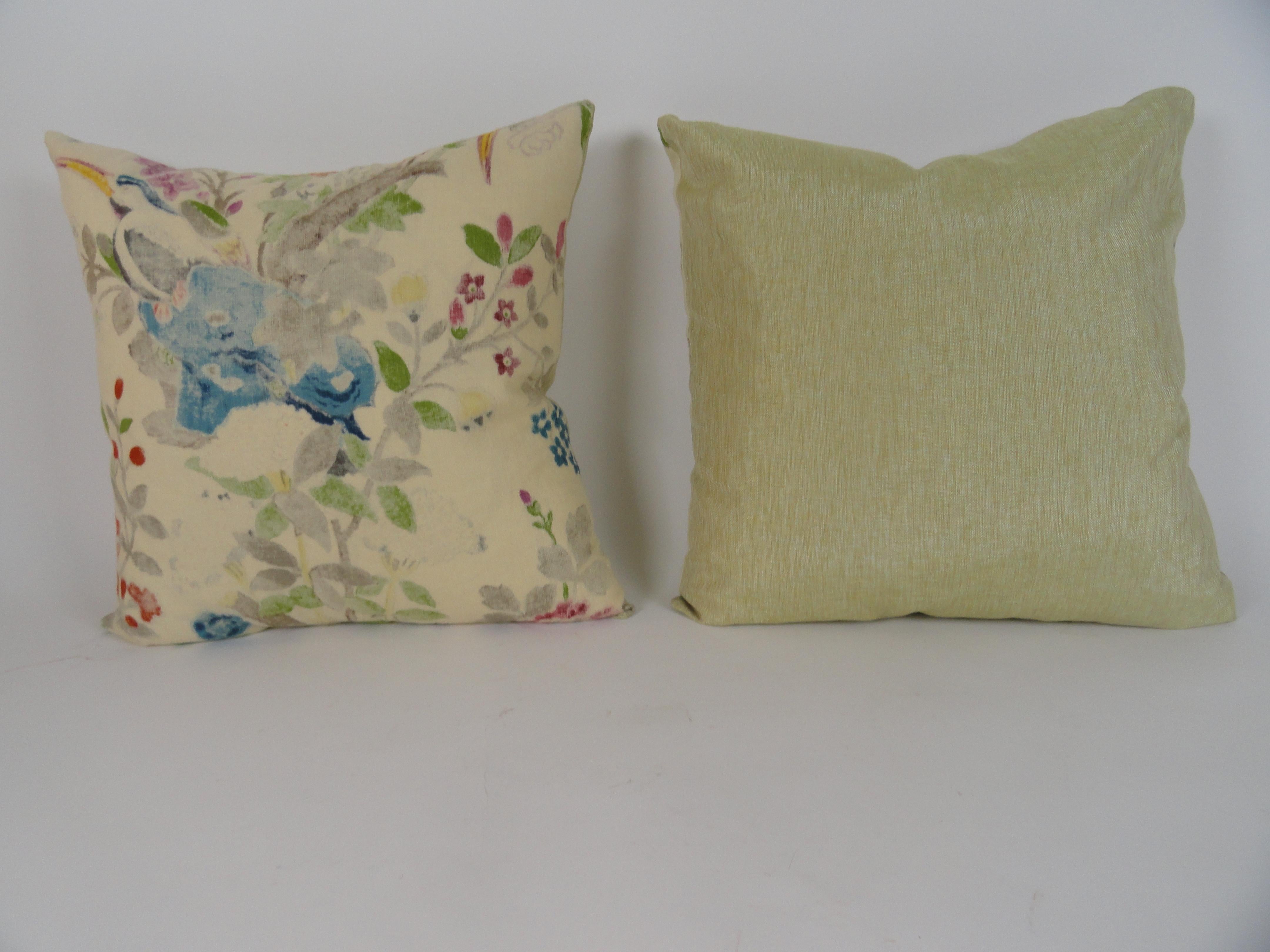 Pair of custom English linen block fabric pillows on the reverse. 80/20 down inserts. Cotton Linen backing. Large 24