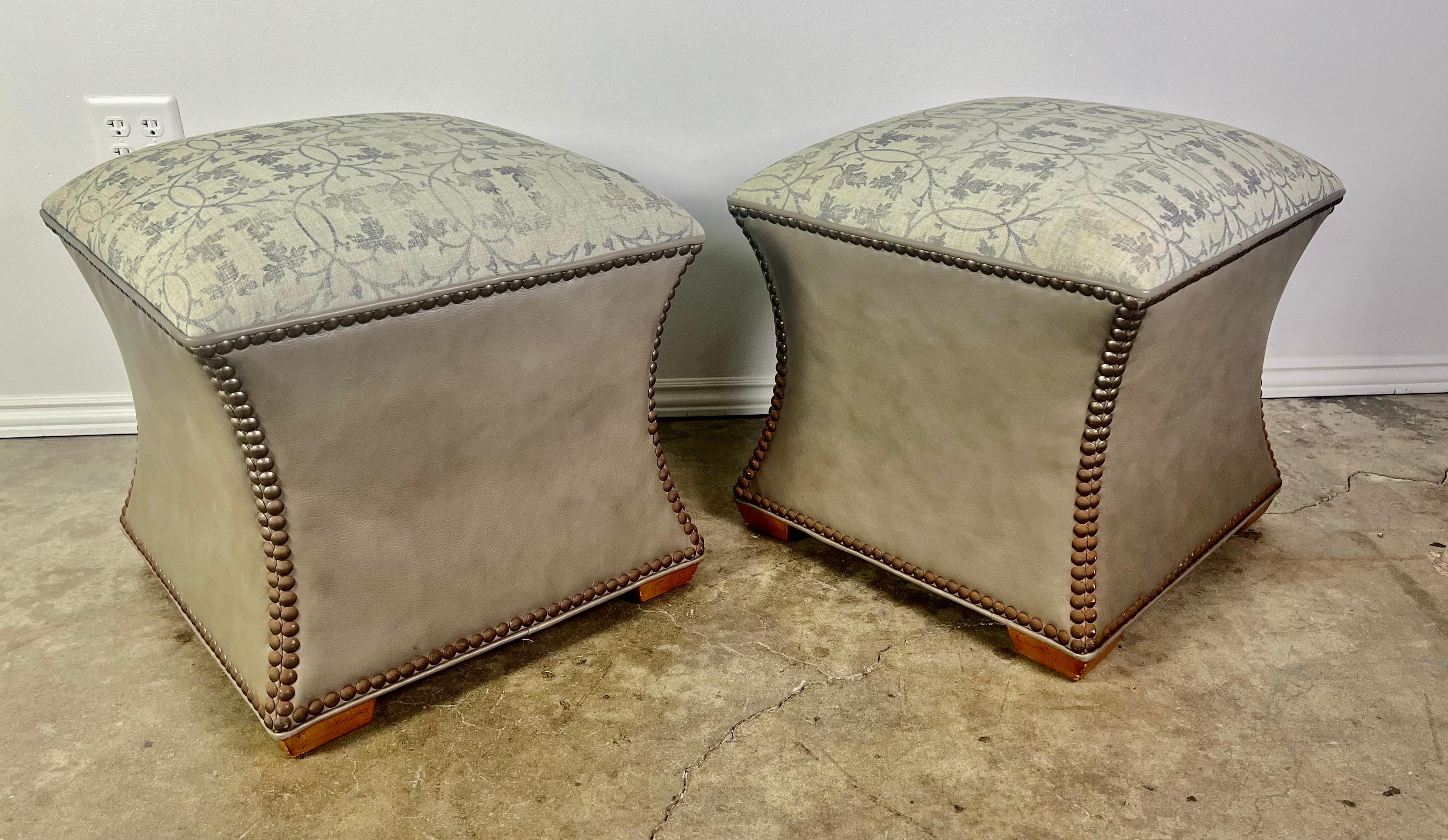 Pair of Custom Rose Tarlow Textile & Leather Ottomans 4