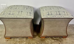Pair of Custom Rose Tarlow Textile & Leather Ottomans