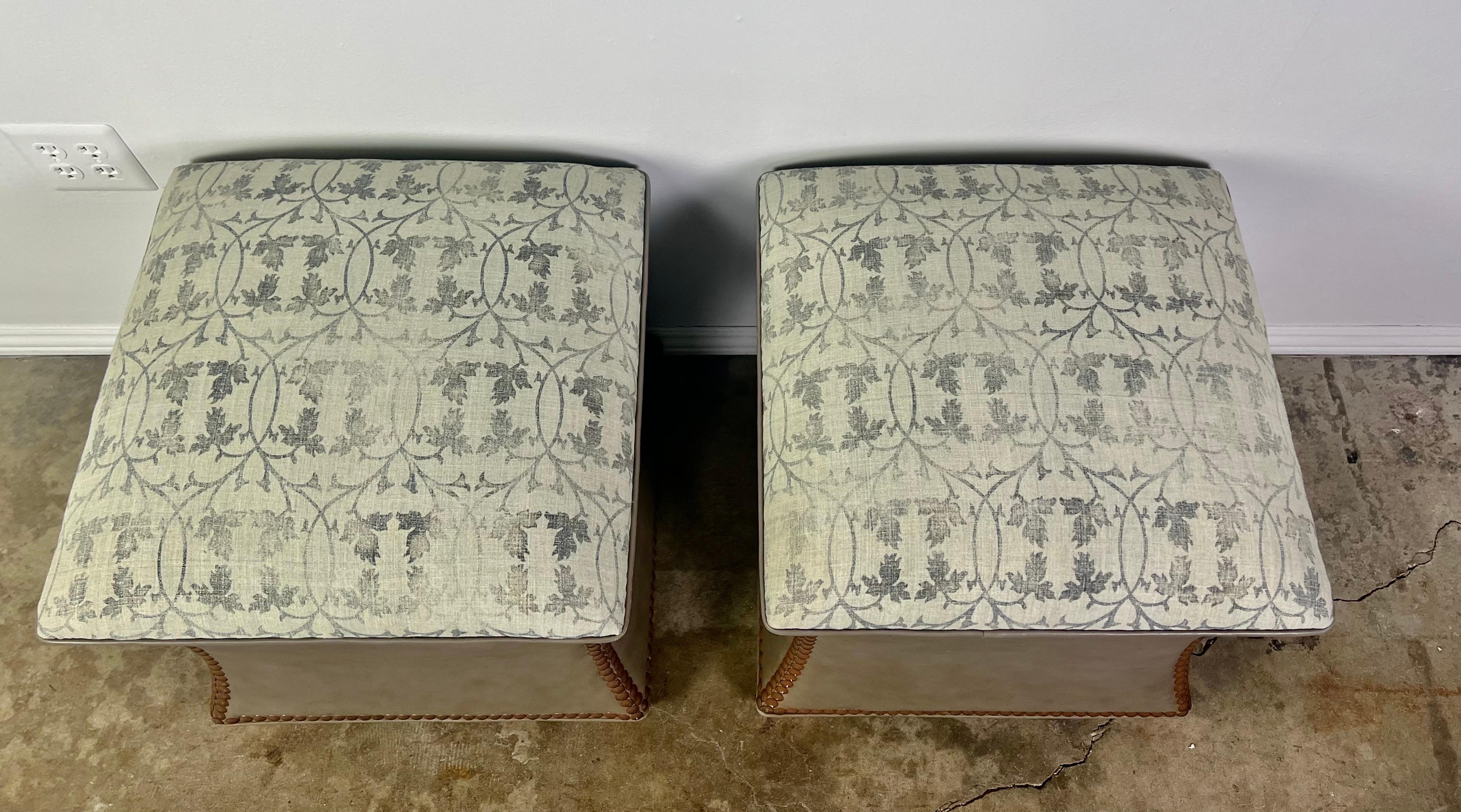 American Pair of Custom Rose Tarlow Textile & Leather Ottomans