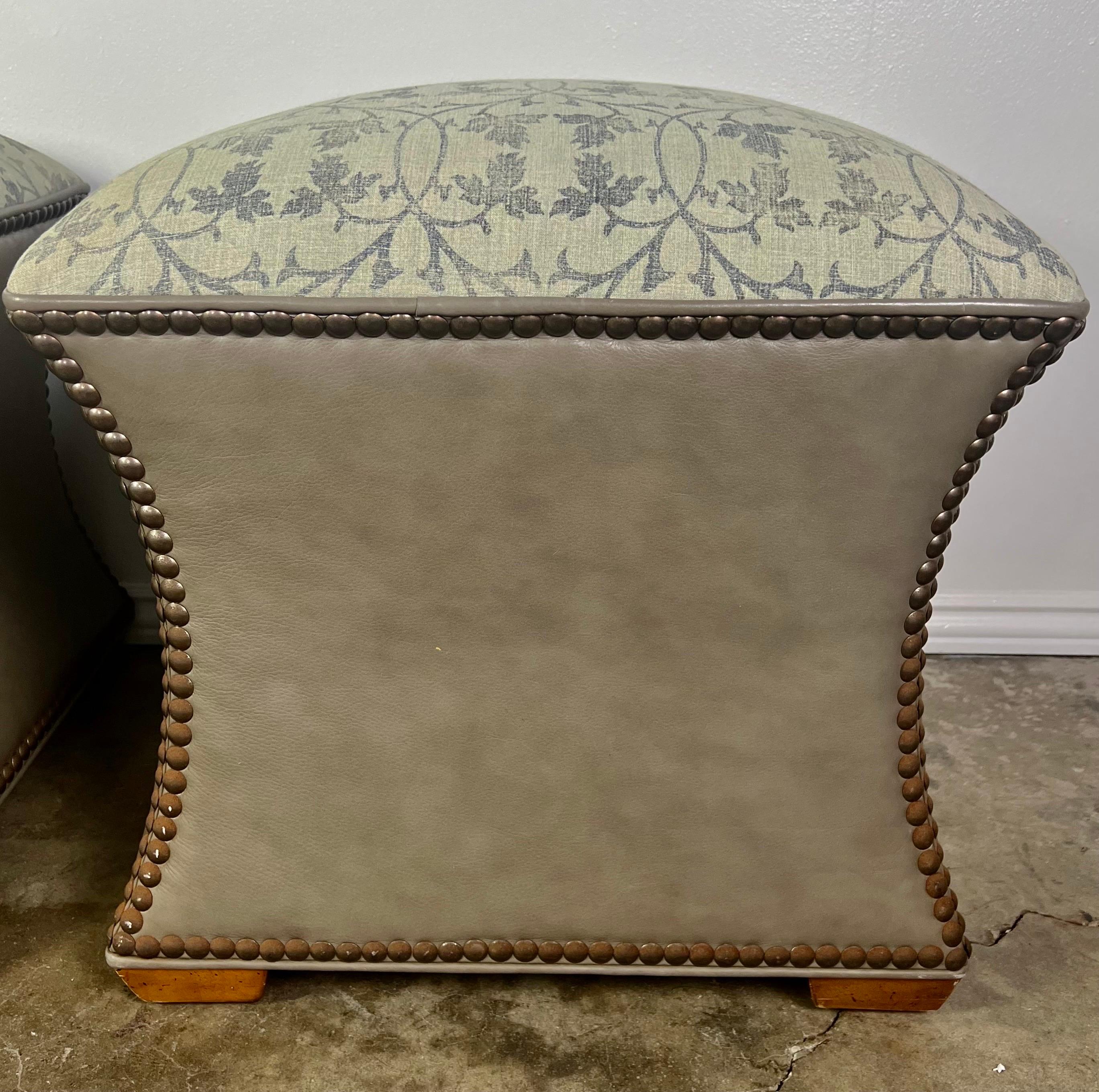 Pair of Custom Rose Tarlow Textile & Leather Ottomans 2