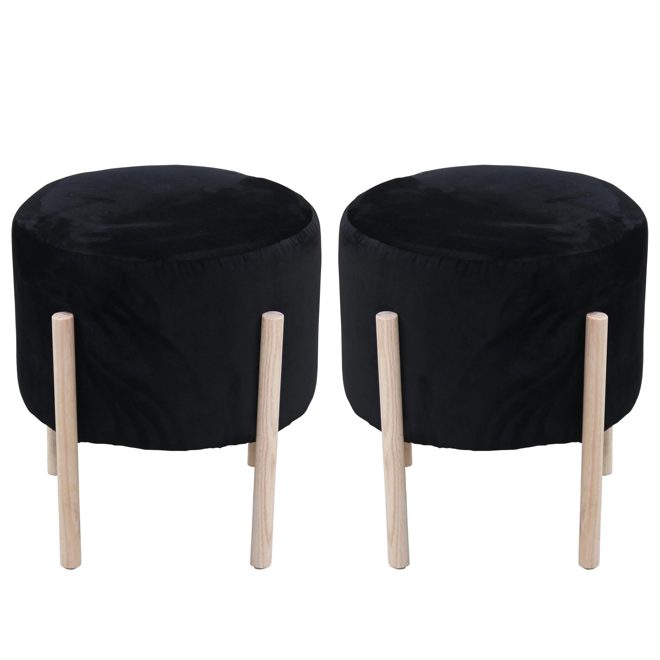 Pair of Custom Round Black Velvet and Neutral Finish Ottomans / Footstool Poufs