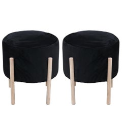 Pair of Custom Round Black Velvet and Neutral Finish Ottomans / Footstool Poufs