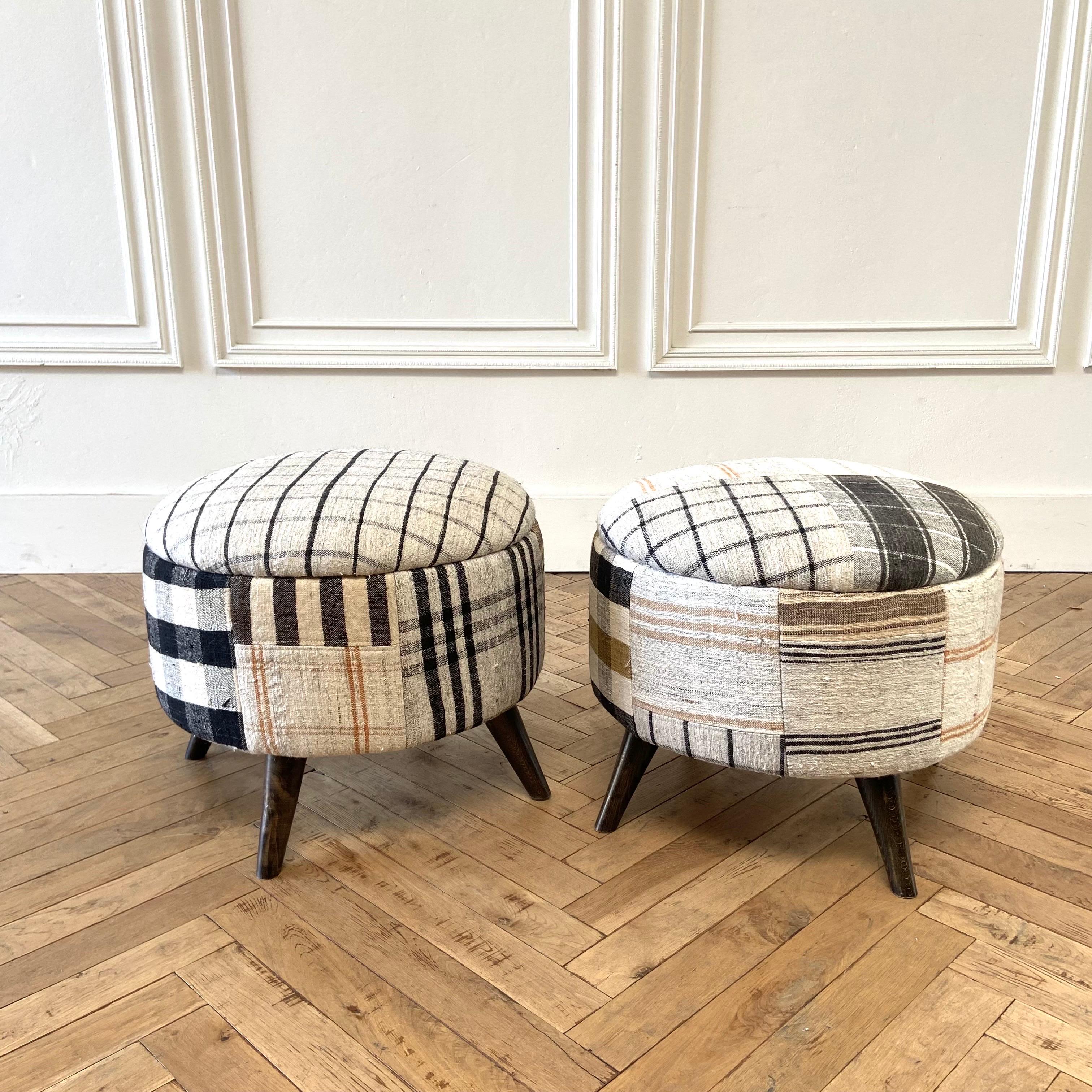 Pair of Custom Round Vintage Turkish Rug Ottomans with Stripes In Good Condition In Brea, CA