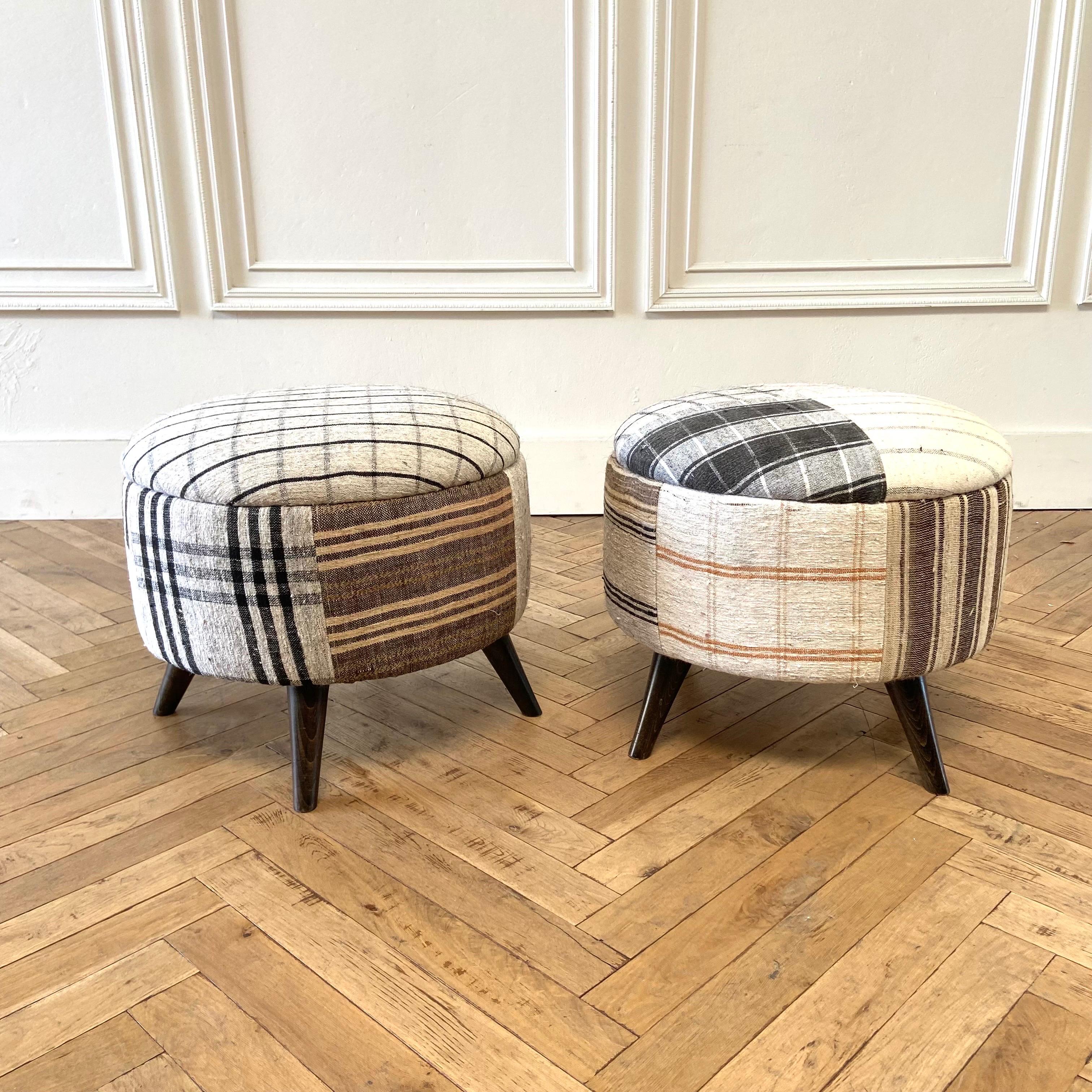 Contemporary Pair of Custom Round Vintage Turkish Rug Ottomans with Stripes