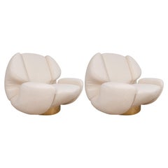 Pair of Custom Sculptural Lounge Chairs in Ivory Boucle and Brass Base, Italy