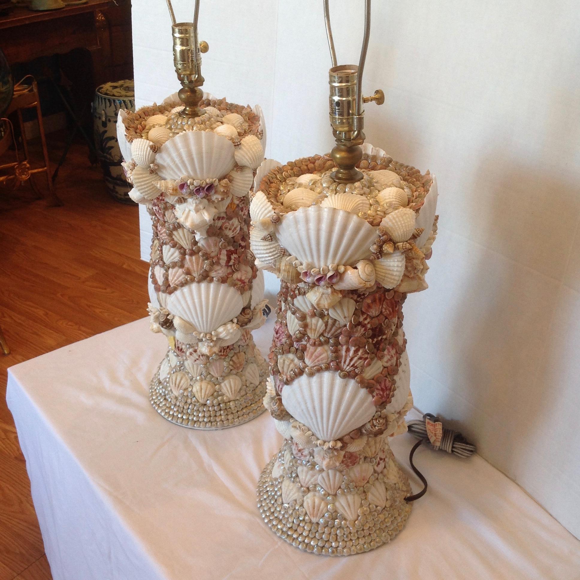 Pair of Custom Shell Art Lamps In Good Condition In West Palm Beach, FL