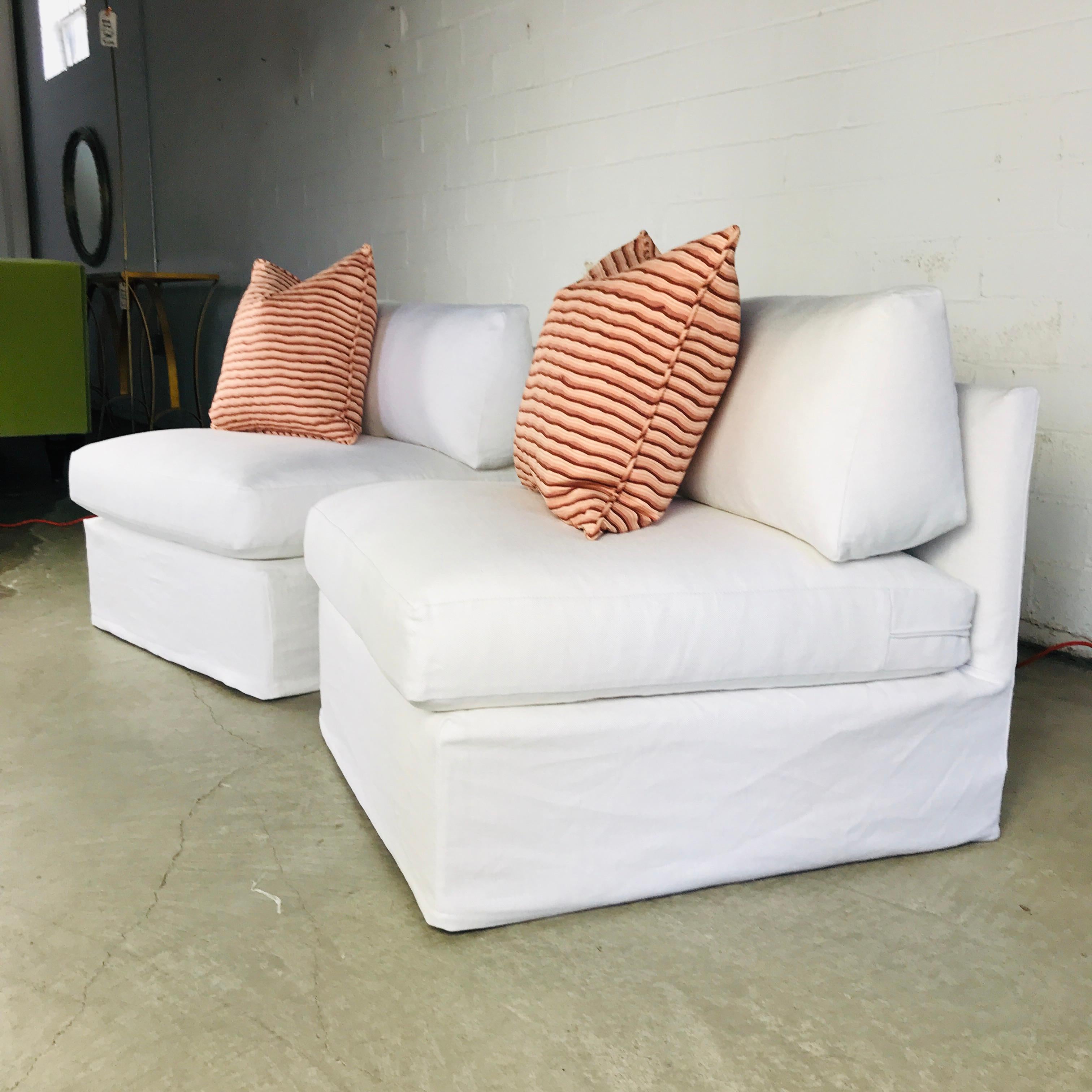 Pair of Custom Slipper Chairs with Custom Linen Slipcovers For Sale 1