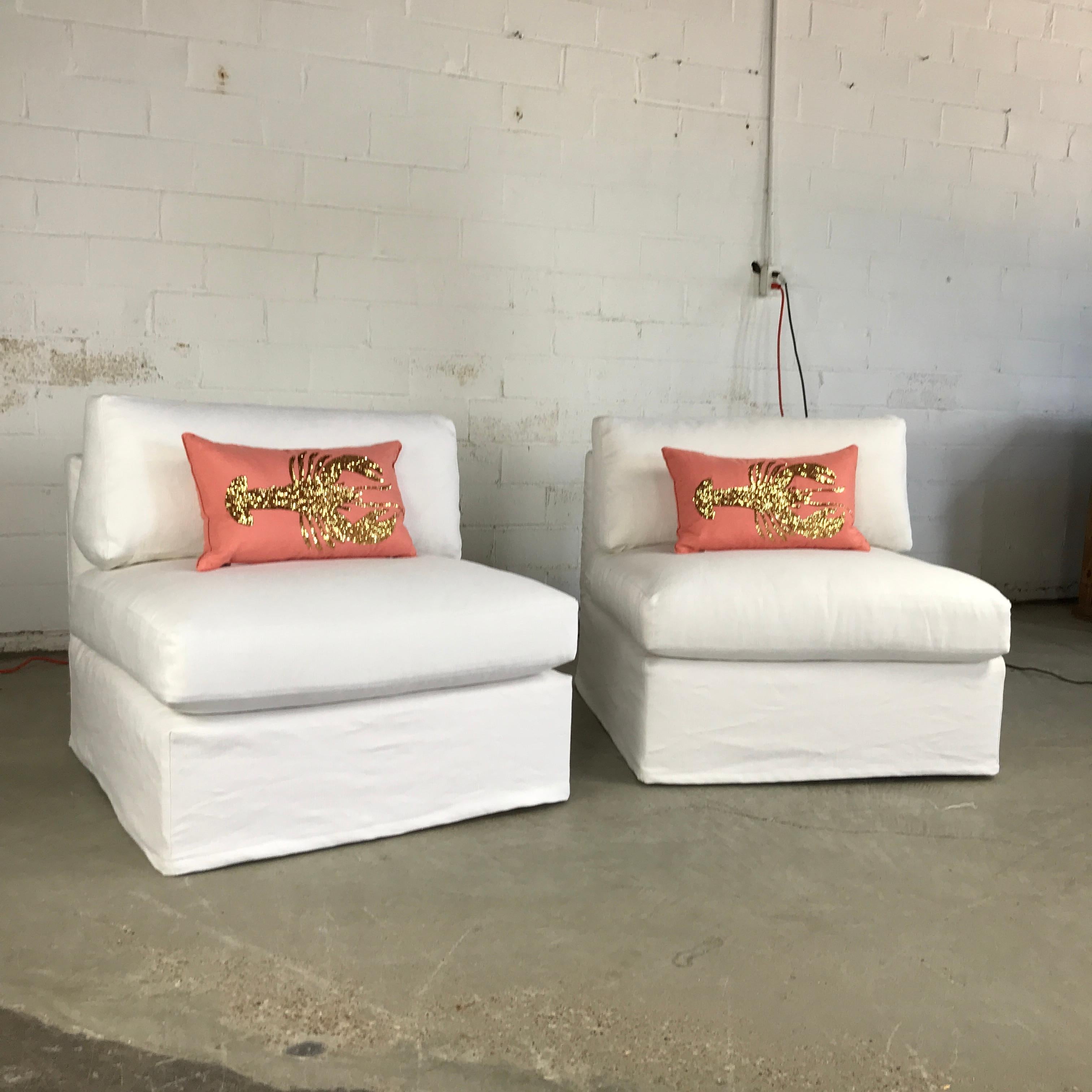 Pair of custom Milo Baughman style slipper chairs newly upholstered in Schumacher performance linen. Pillows not included. Chairs can be customized with COM for $6800.