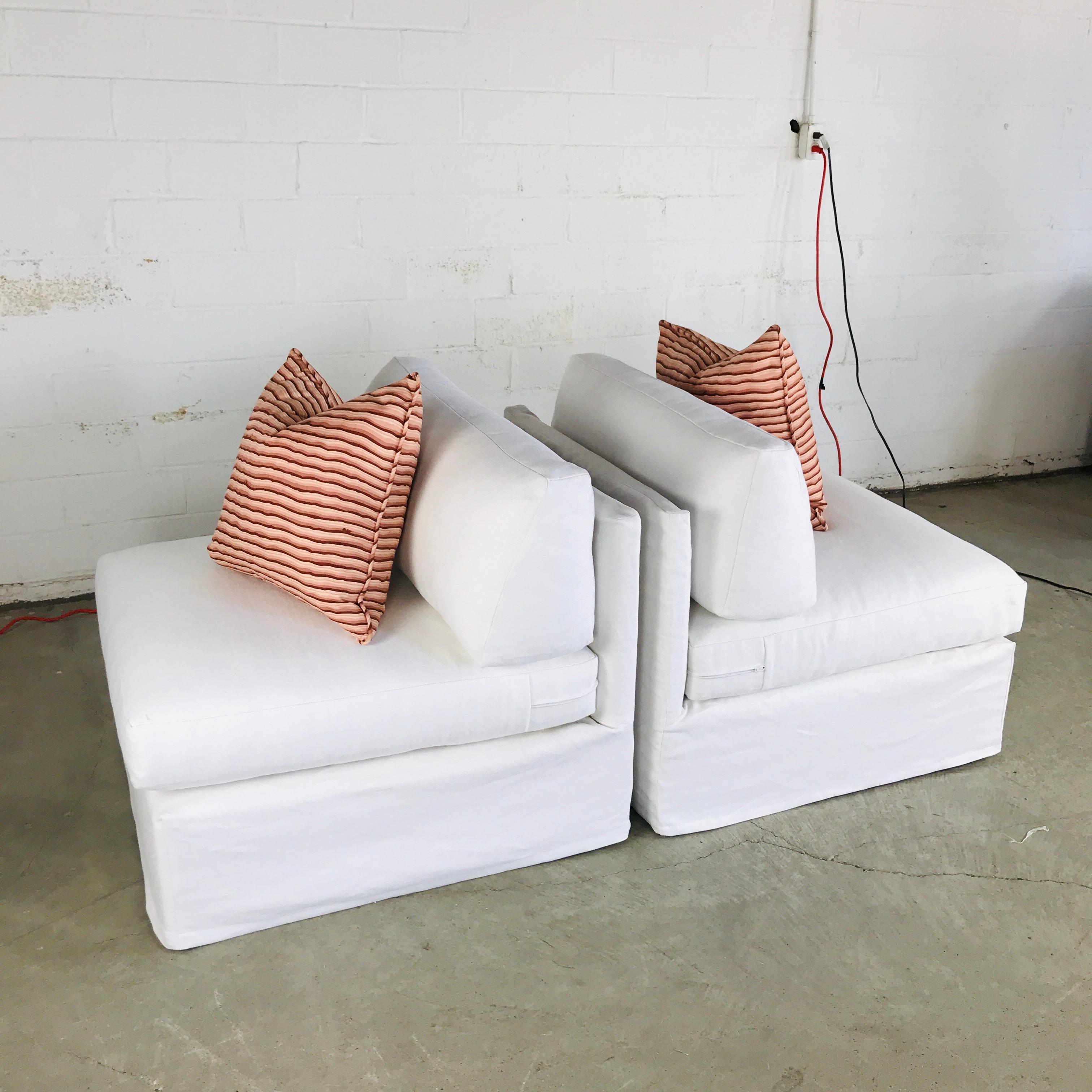 Mid-Century Modern Pair of Custom Slipper Chairs with Custom Linen Slipcovers For Sale