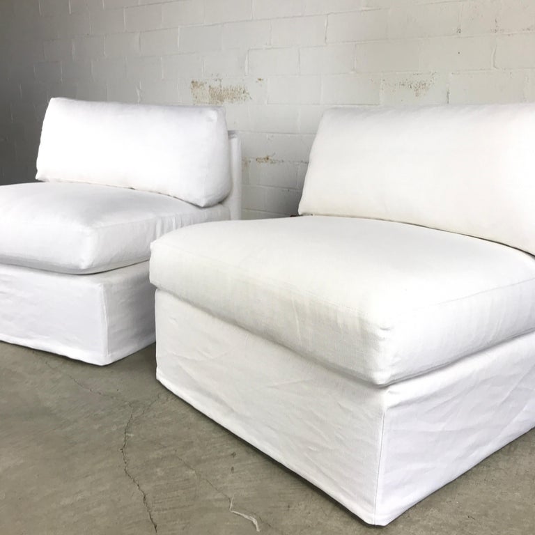Pair of Custom Slipper Chairs with Custom Linen Slipcovers For Sale at