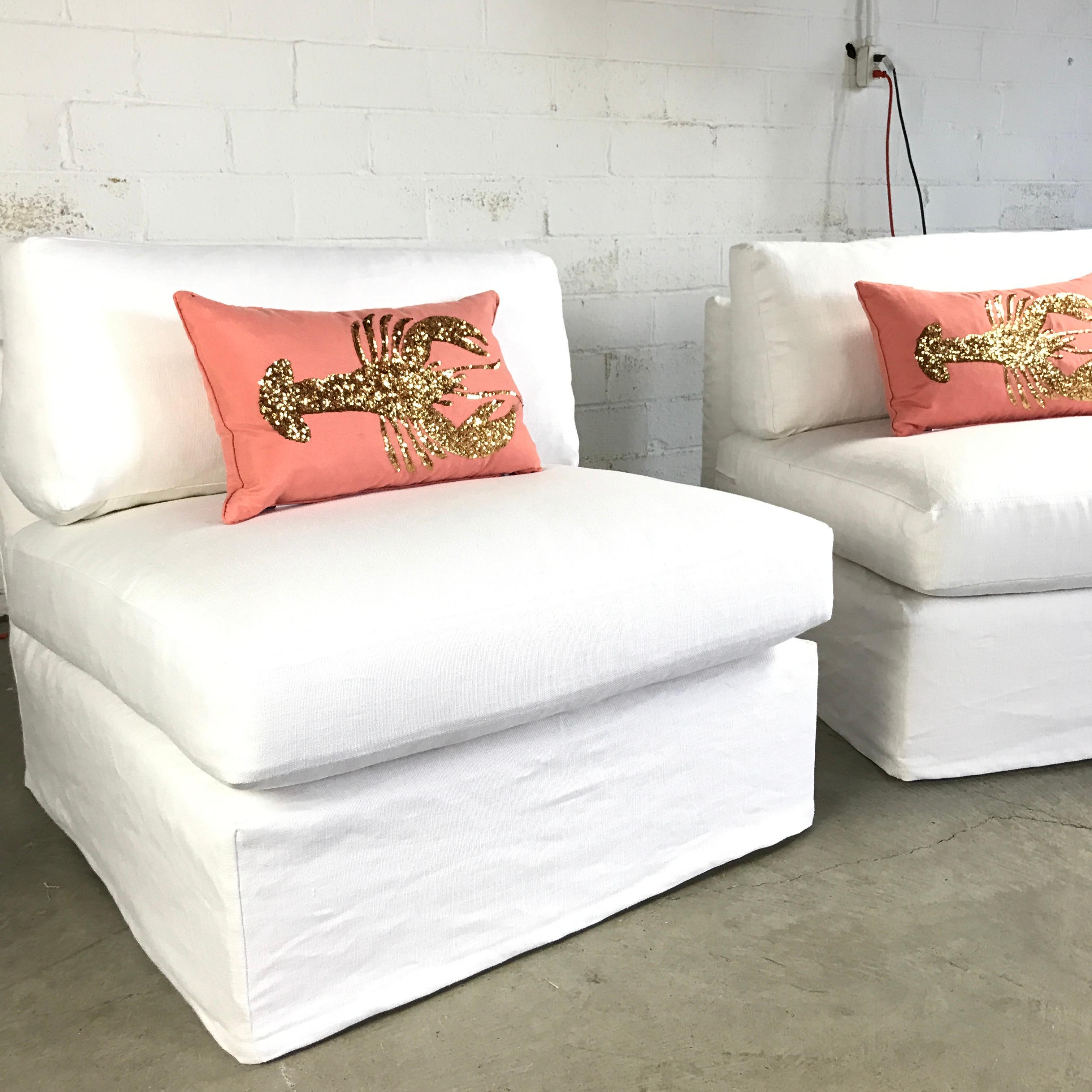 Contemporary Pair of Custom Slipper Chairs with Custom Linen Slipcovers For Sale