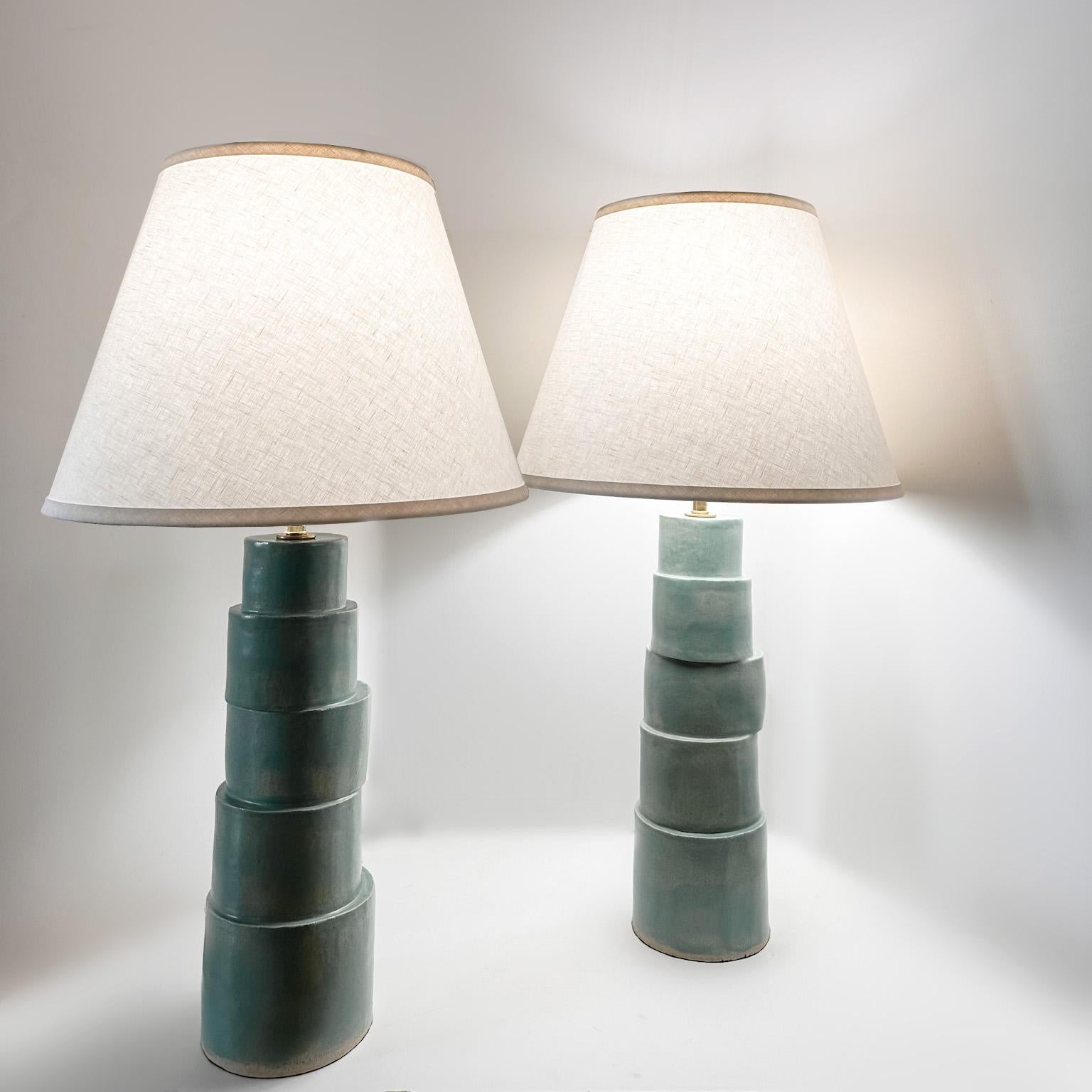 Modern Pair of Custom Stacked Column Table Lamp (custom color Capri Blue)