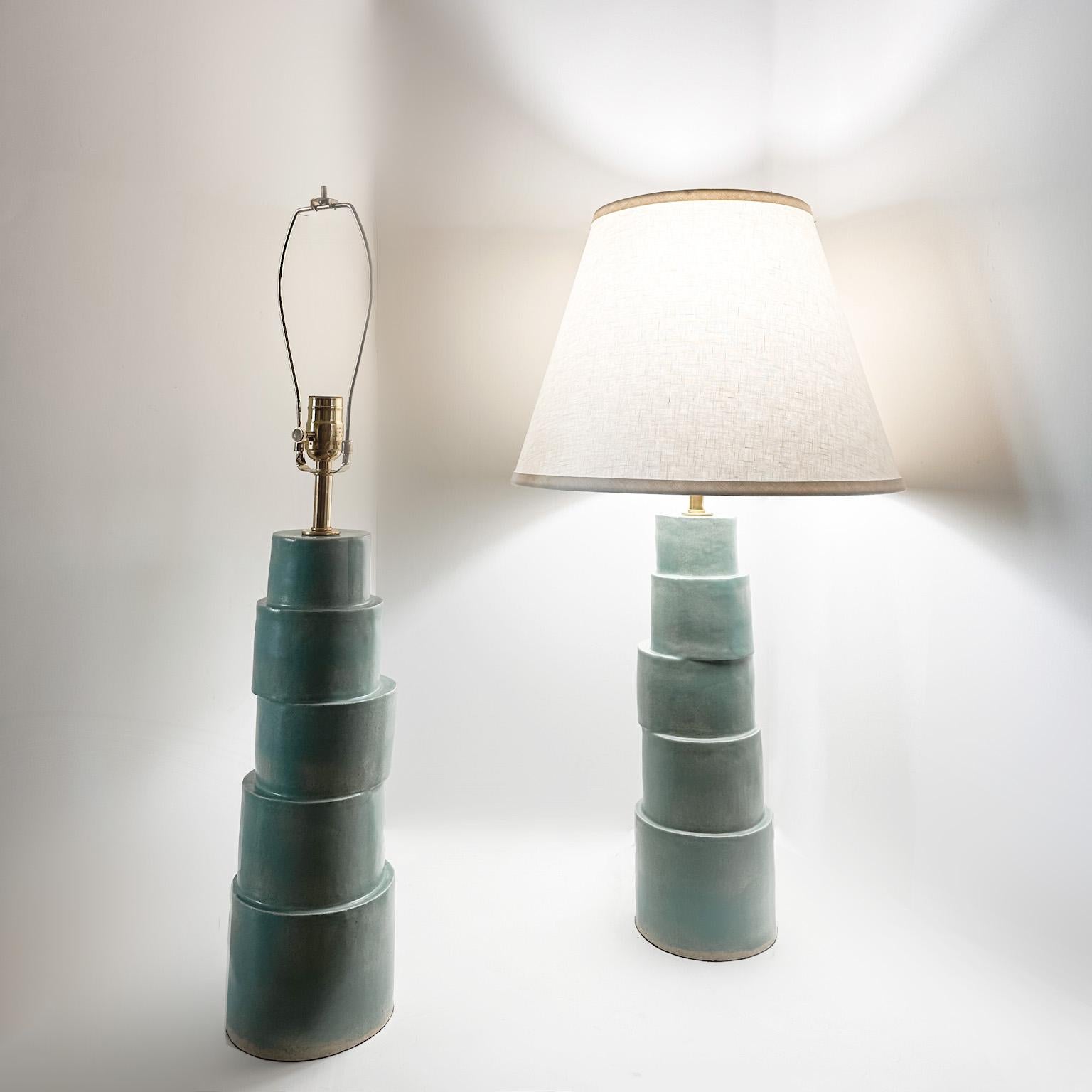 American Pair of Custom Stacked Column Table Lamp (custom color Capri Blue)