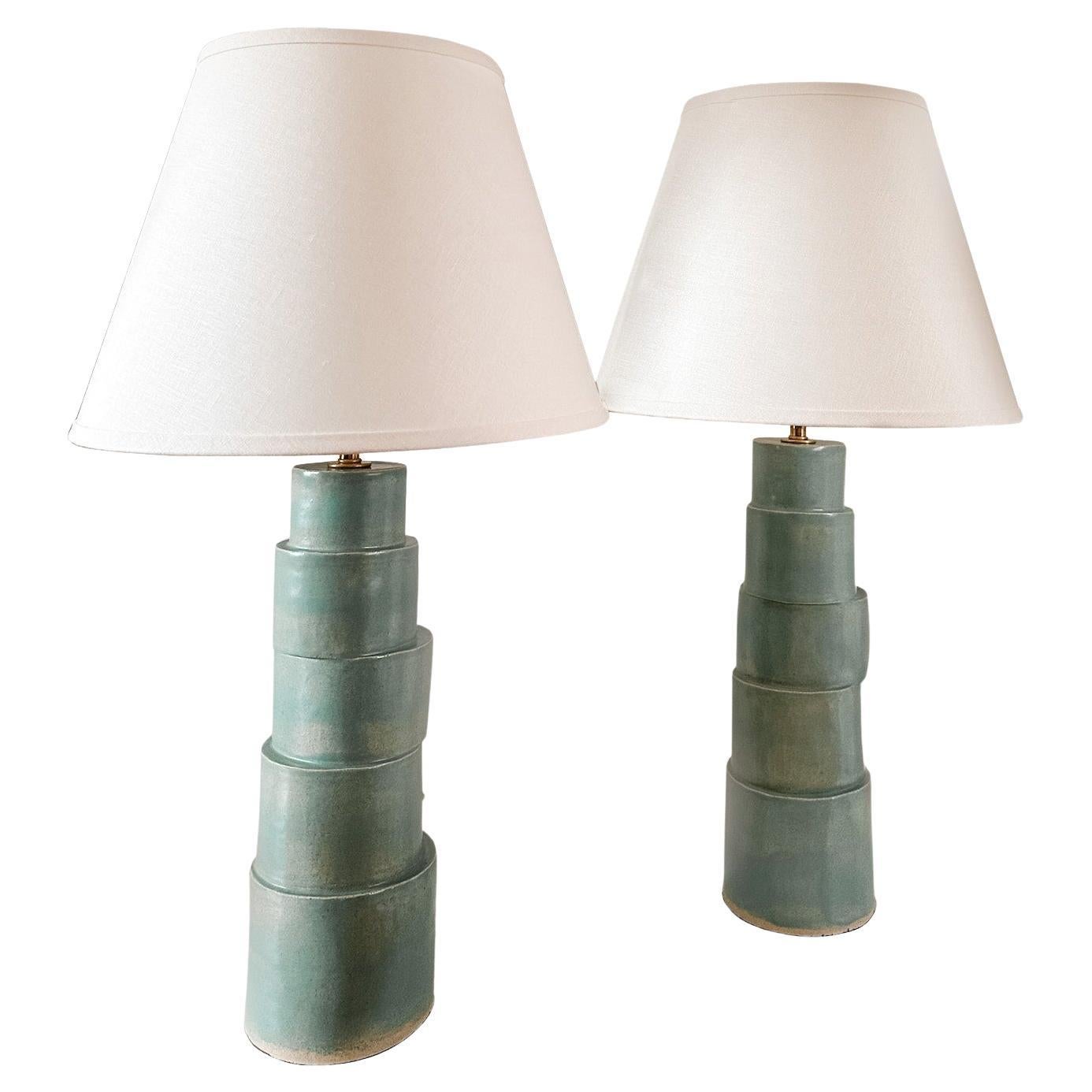 Pair of Custom Stacked Column Table Lamp (custom color Capri Blue)