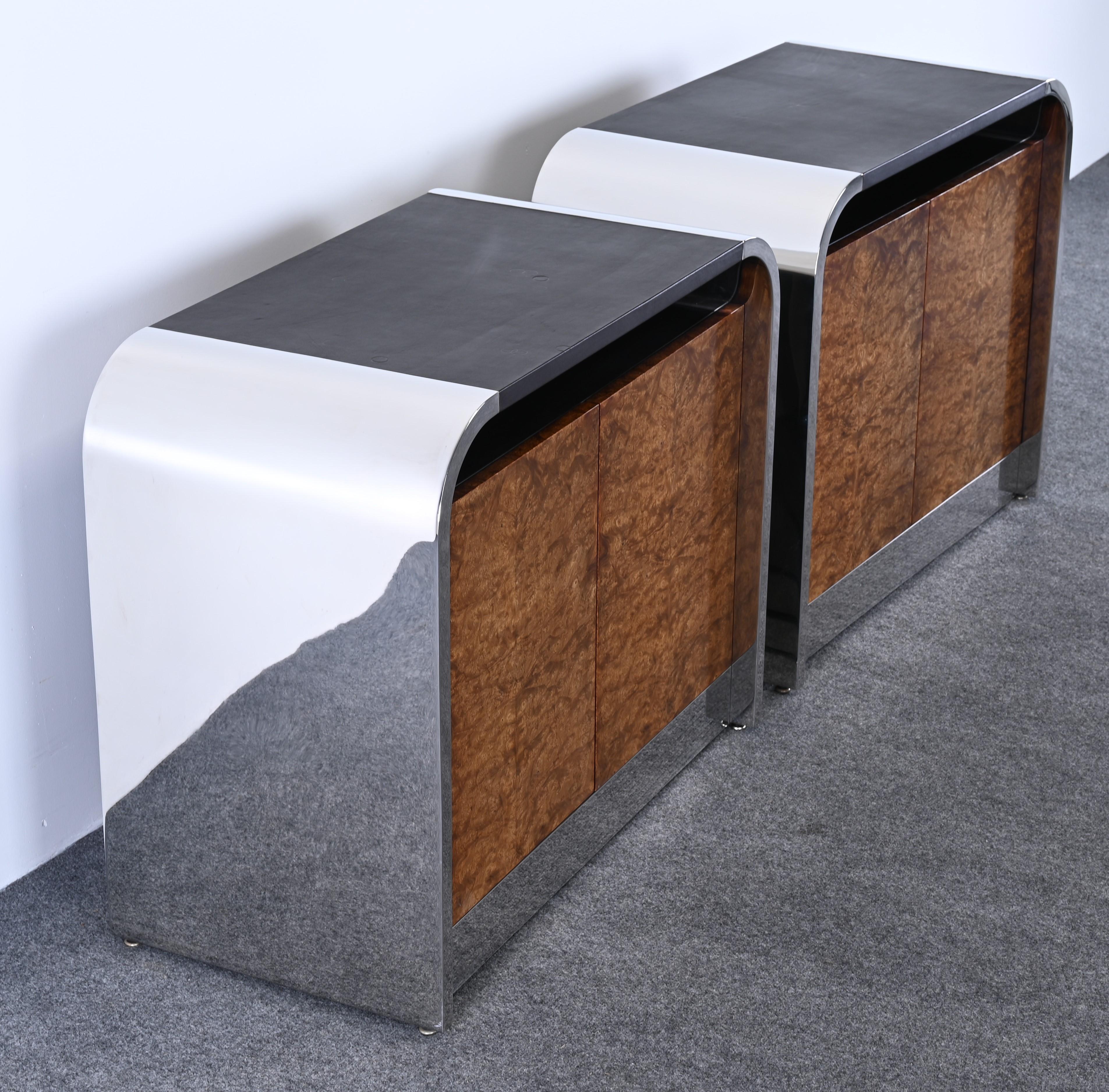 Pair of Custom Stainless Steel and Burl Wood Cabinets by Brueton, 1978 4