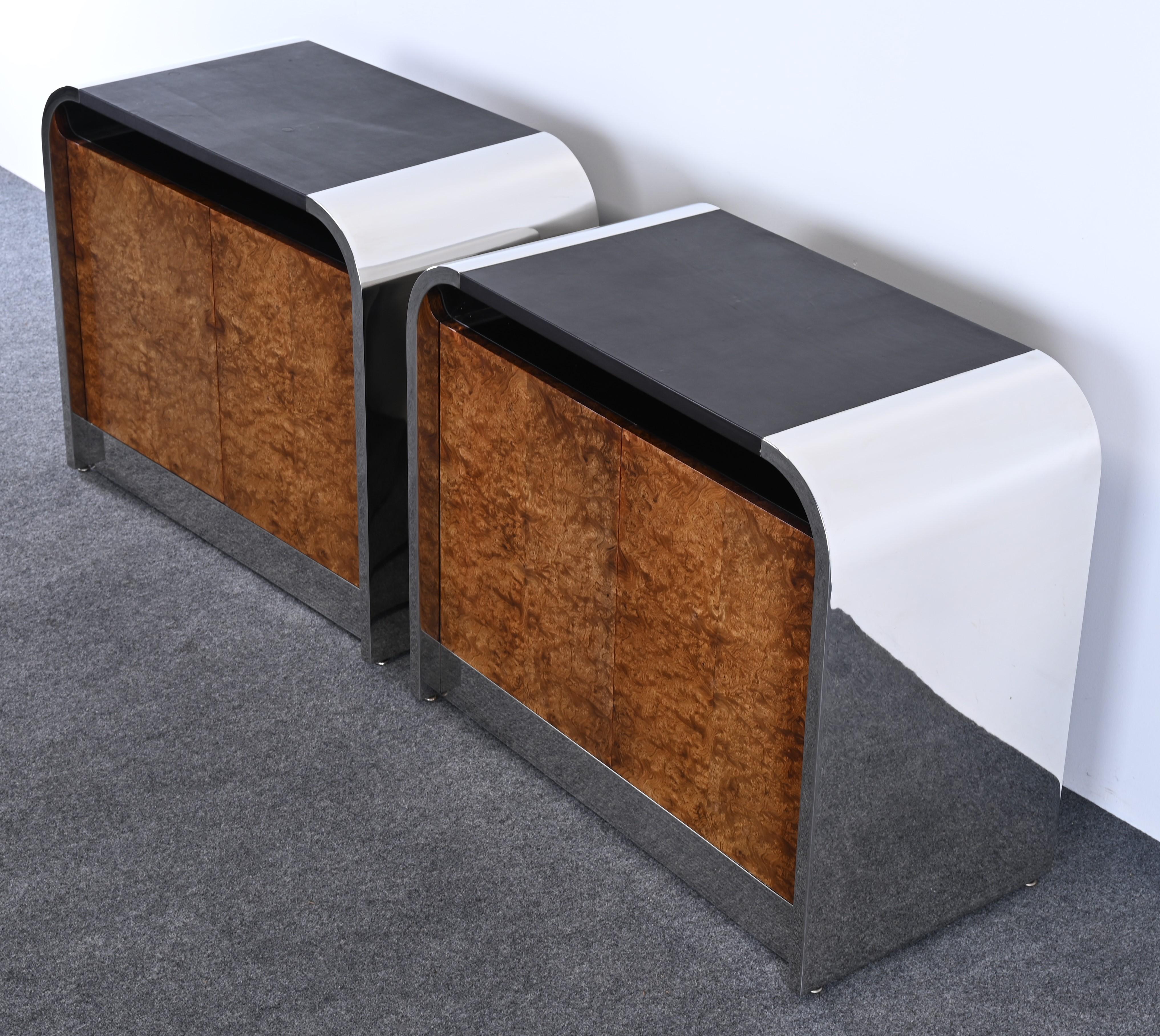Pair of Custom Stainless Steel and Burl Wood Cabinets by Brueton, 1978 5