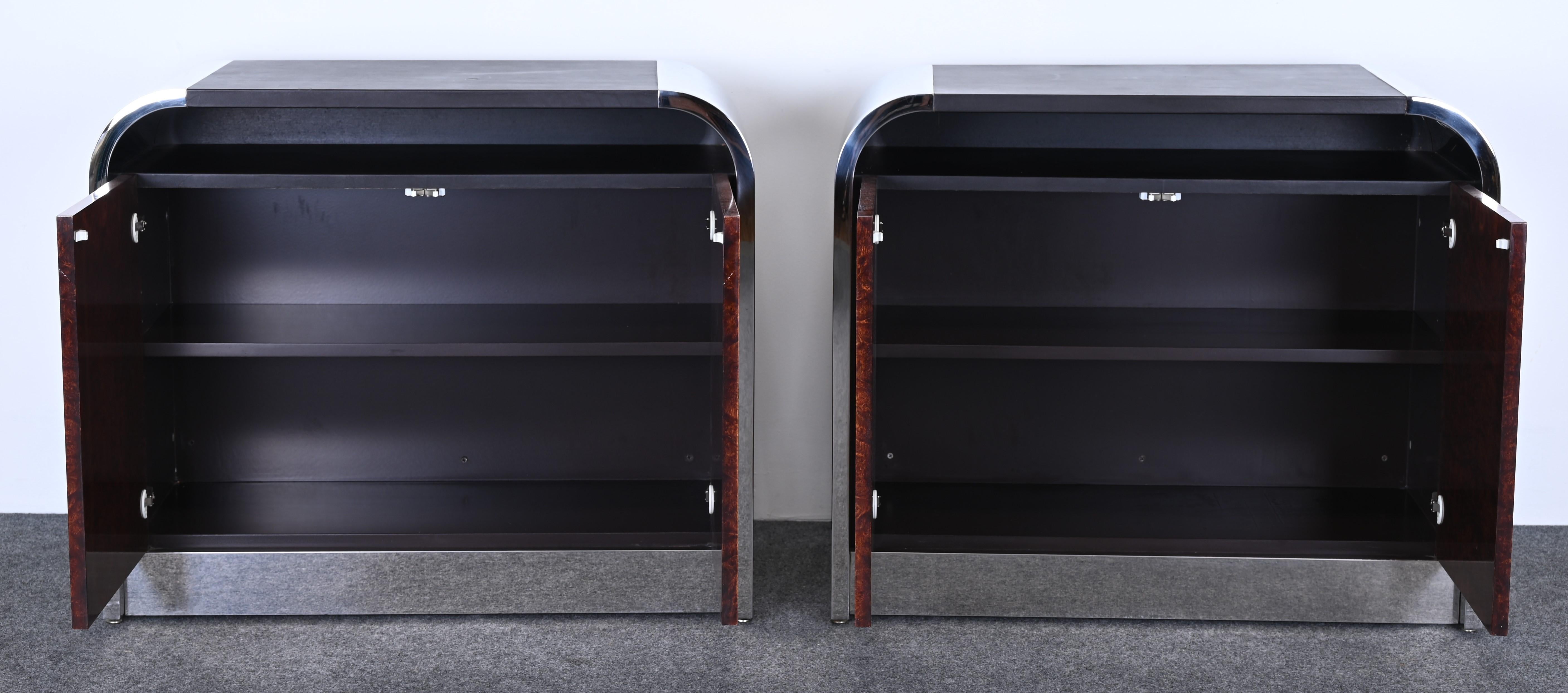 Pair of Custom Stainless Steel and Burl Wood Cabinets by Brueton, 1978 6