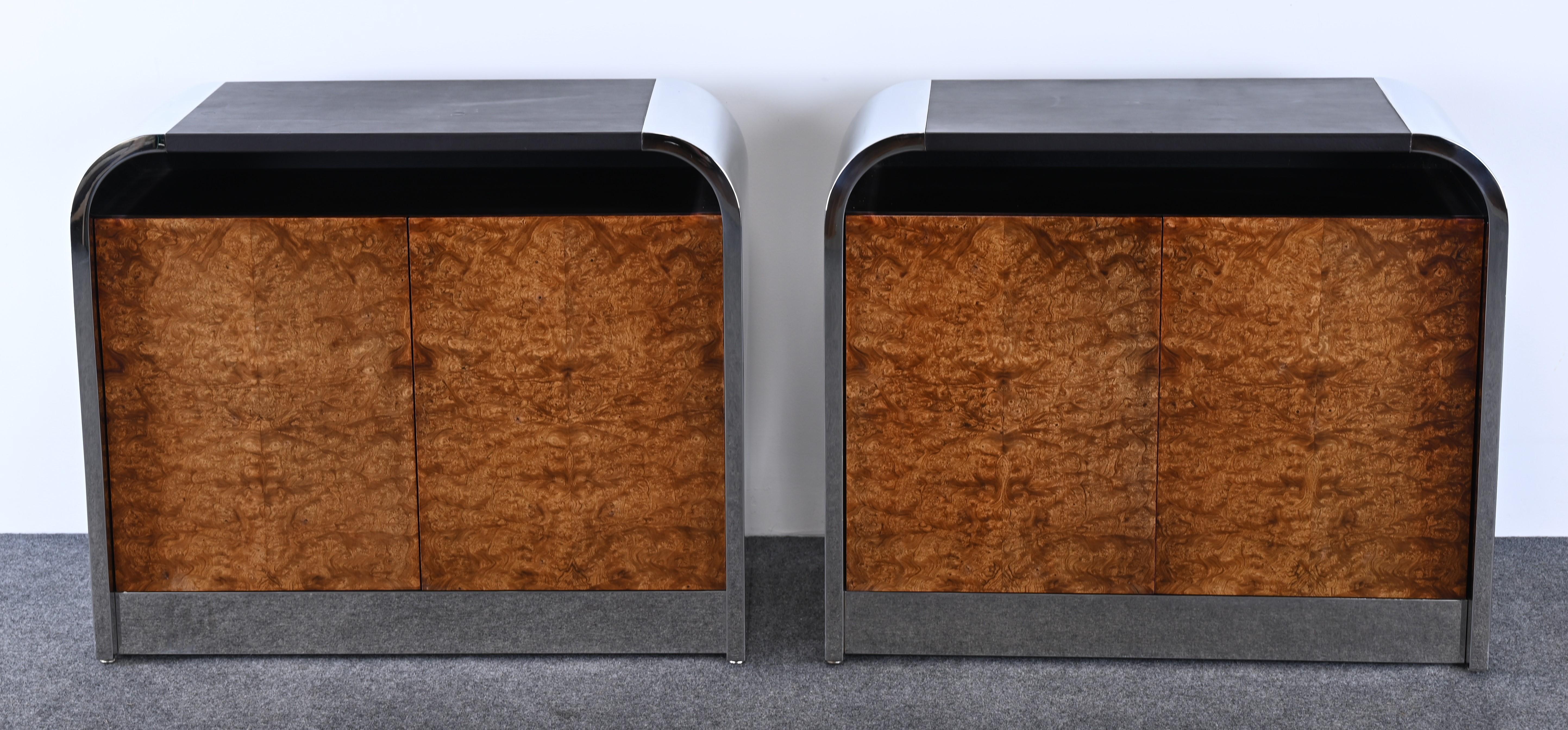 Mid-Century Modern Pair of Custom Stainless Steel and Burl Wood Cabinets by Brueton, 1978