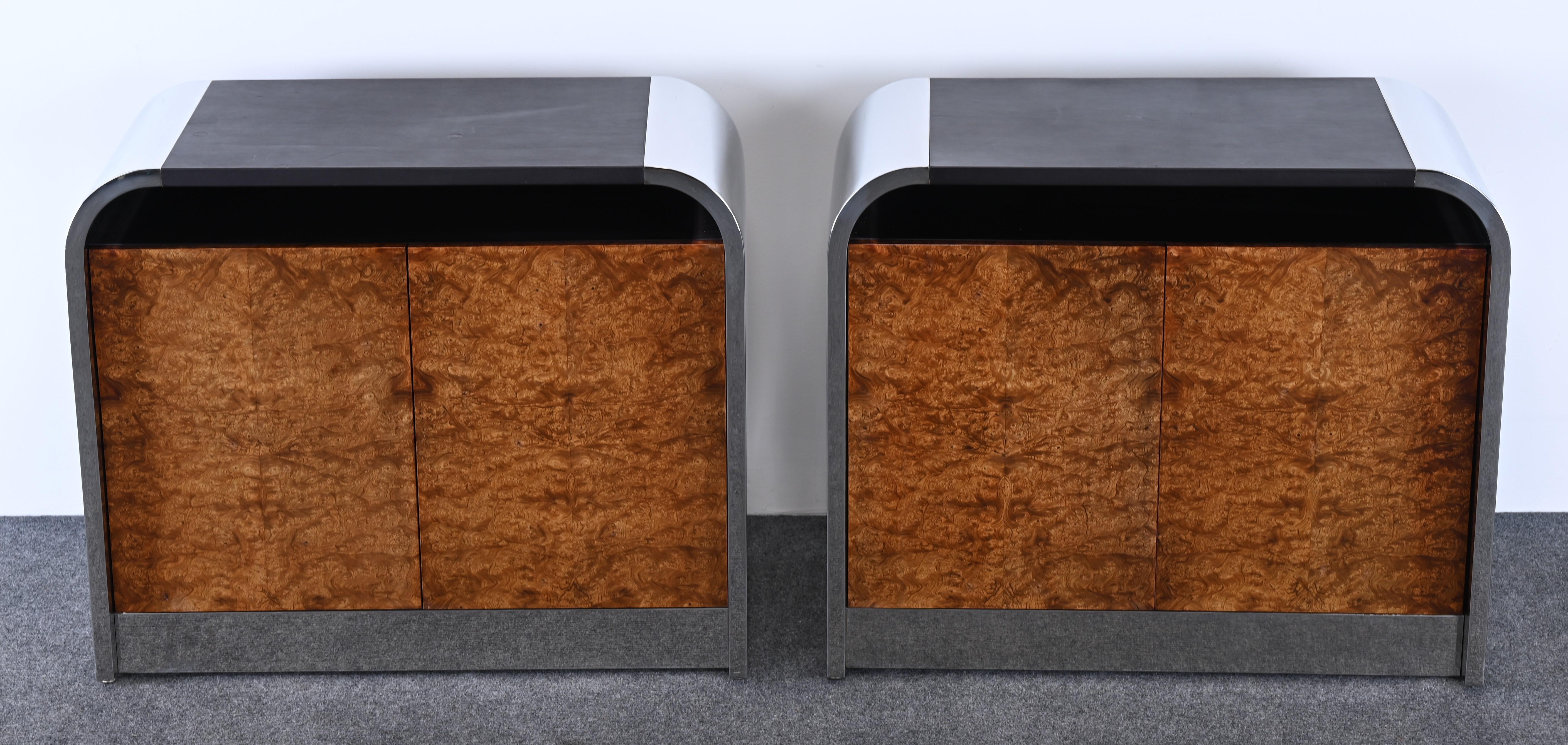 American Pair of Custom Stainless Steel and Burl Wood Cabinets by Brueton, 1978