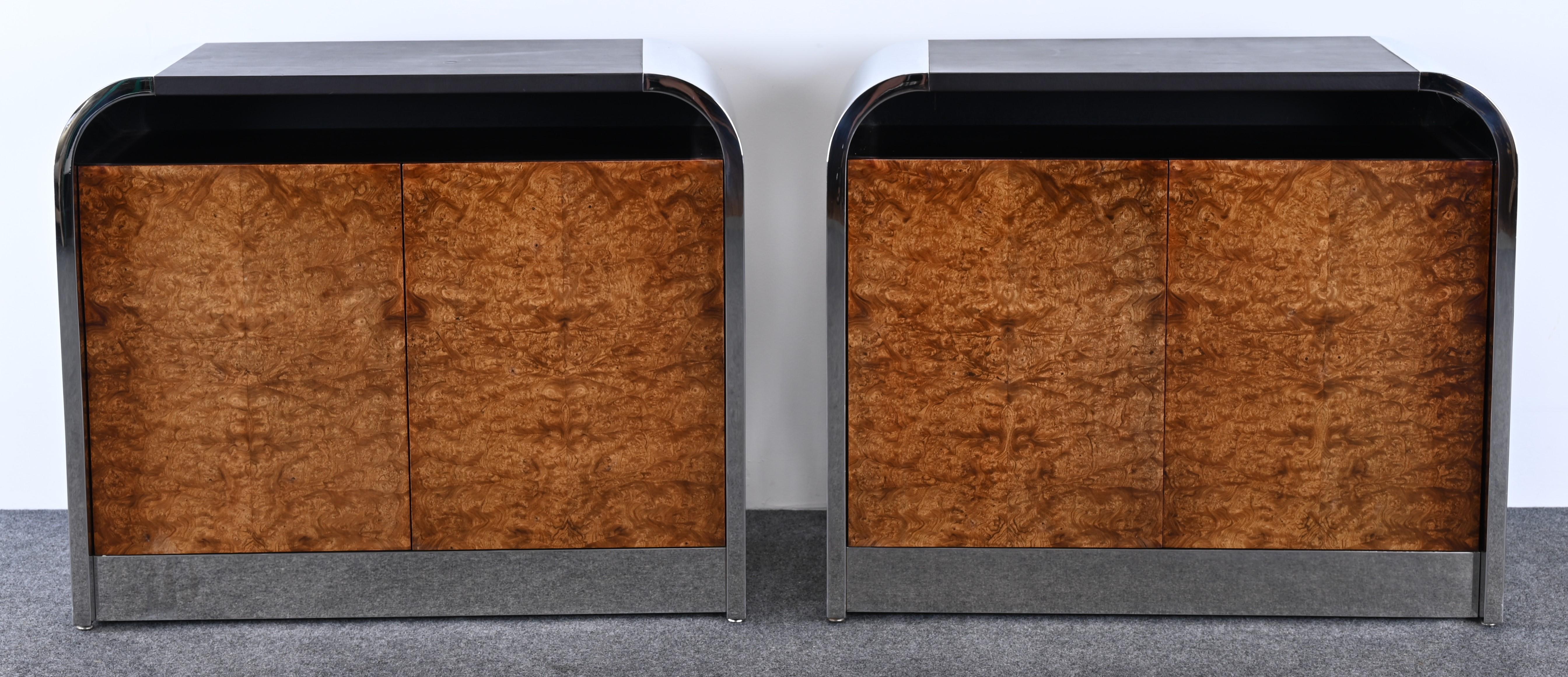 Pair of Custom Stainless Steel and Burl Wood Cabinets by Brueton, 1978 3
