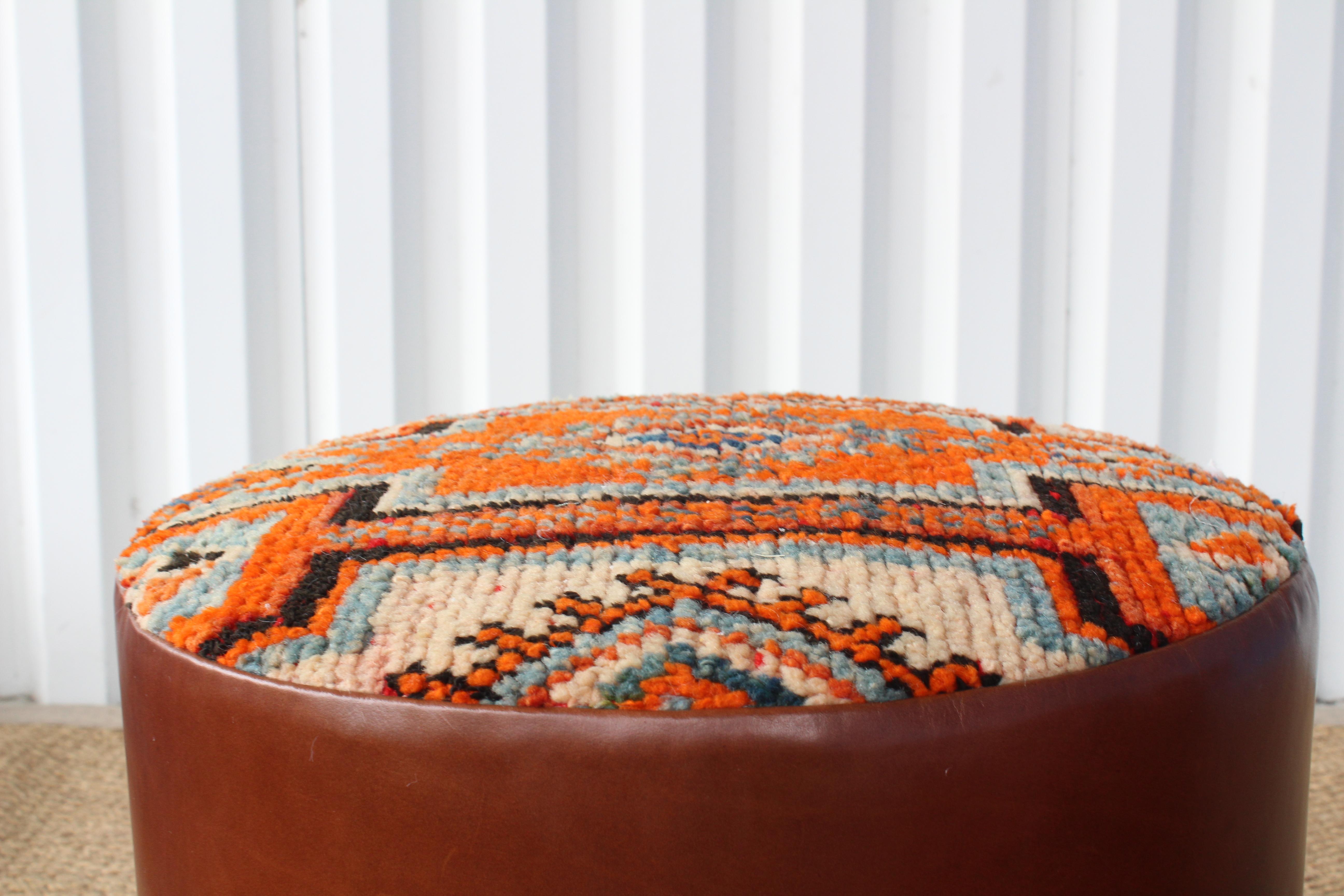 Pair of Custom Stools in Leather with Moroccan Rug Upholstery 7