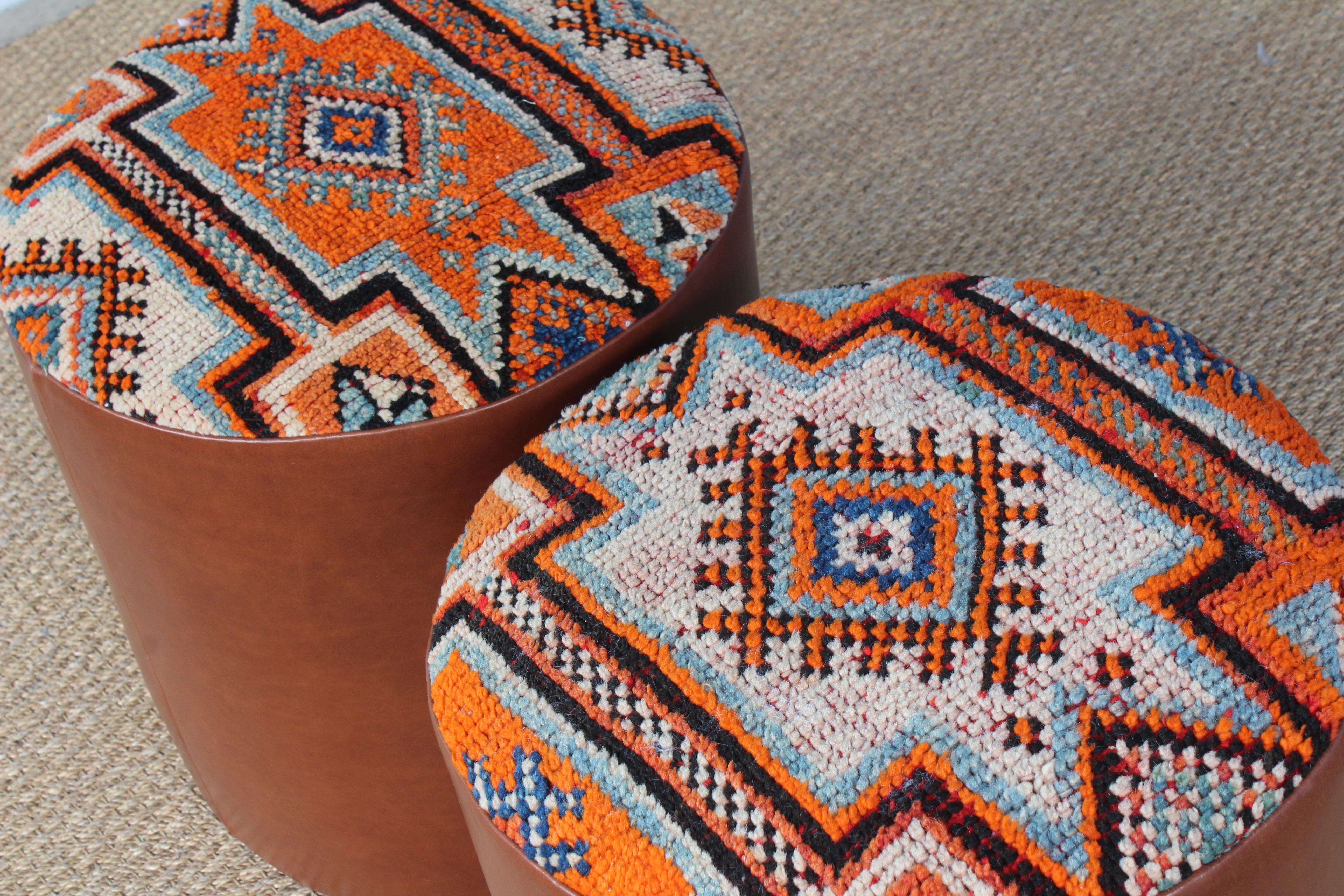 Pair of Custom Stools in Leather with Moroccan Rug Upholstery 8