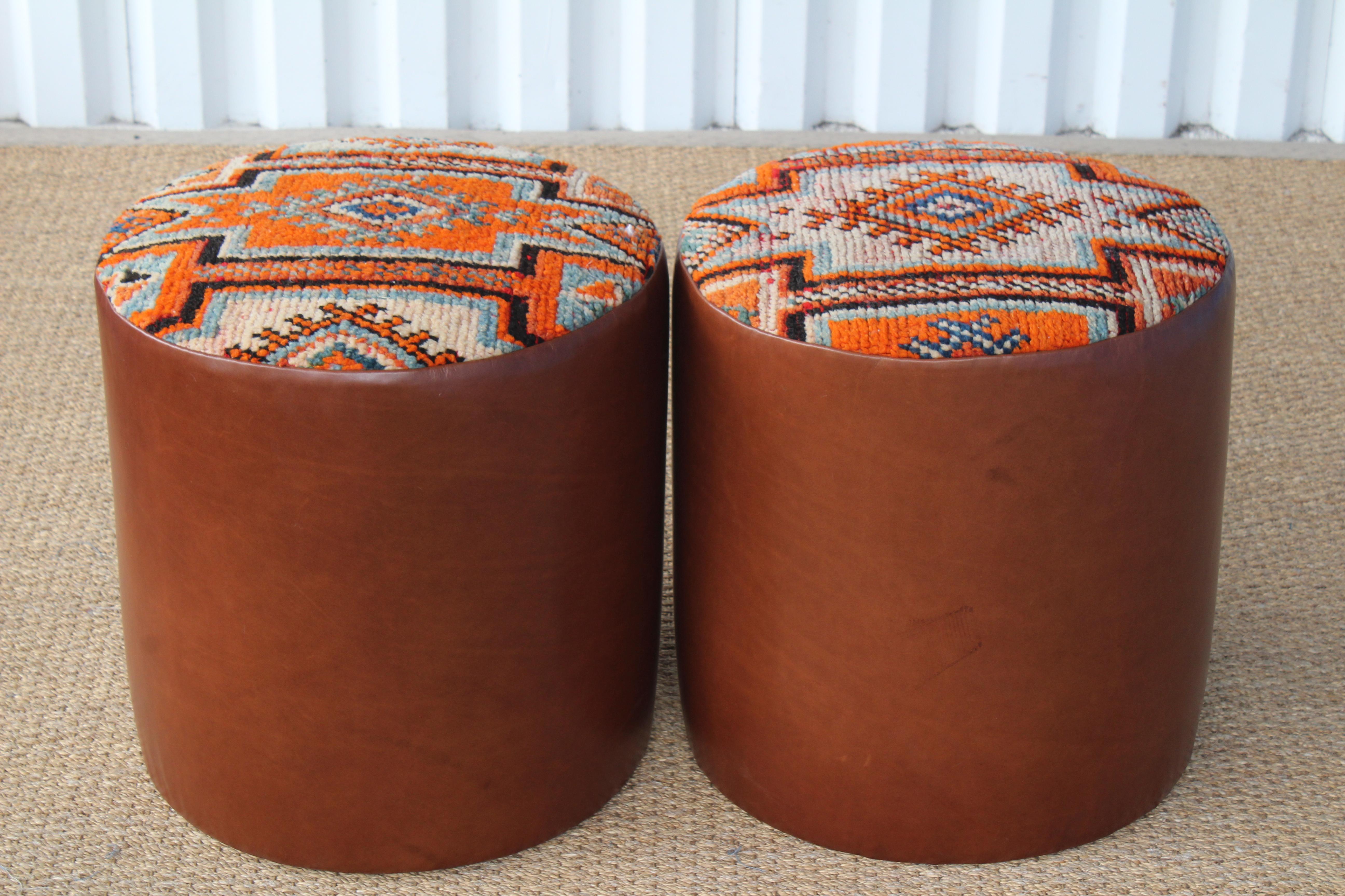 Pair of Custom Stools in Leather with Moroccan Rug Upholstery In Excellent Condition In Los Angeles, CA