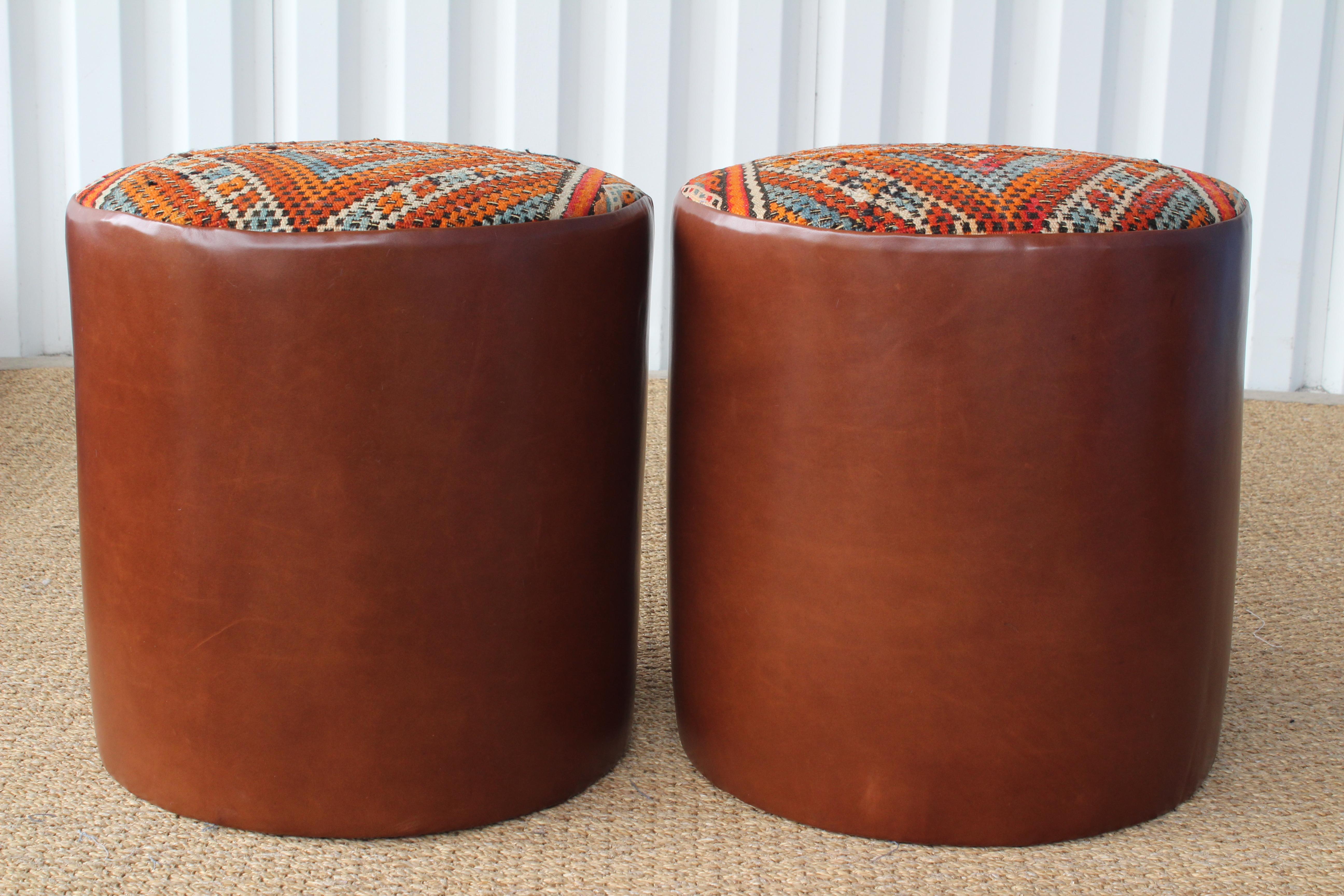 Pair of Custom Stools in Leather with Moroccan Rug Upholstery In New Condition In Los Angeles, CA