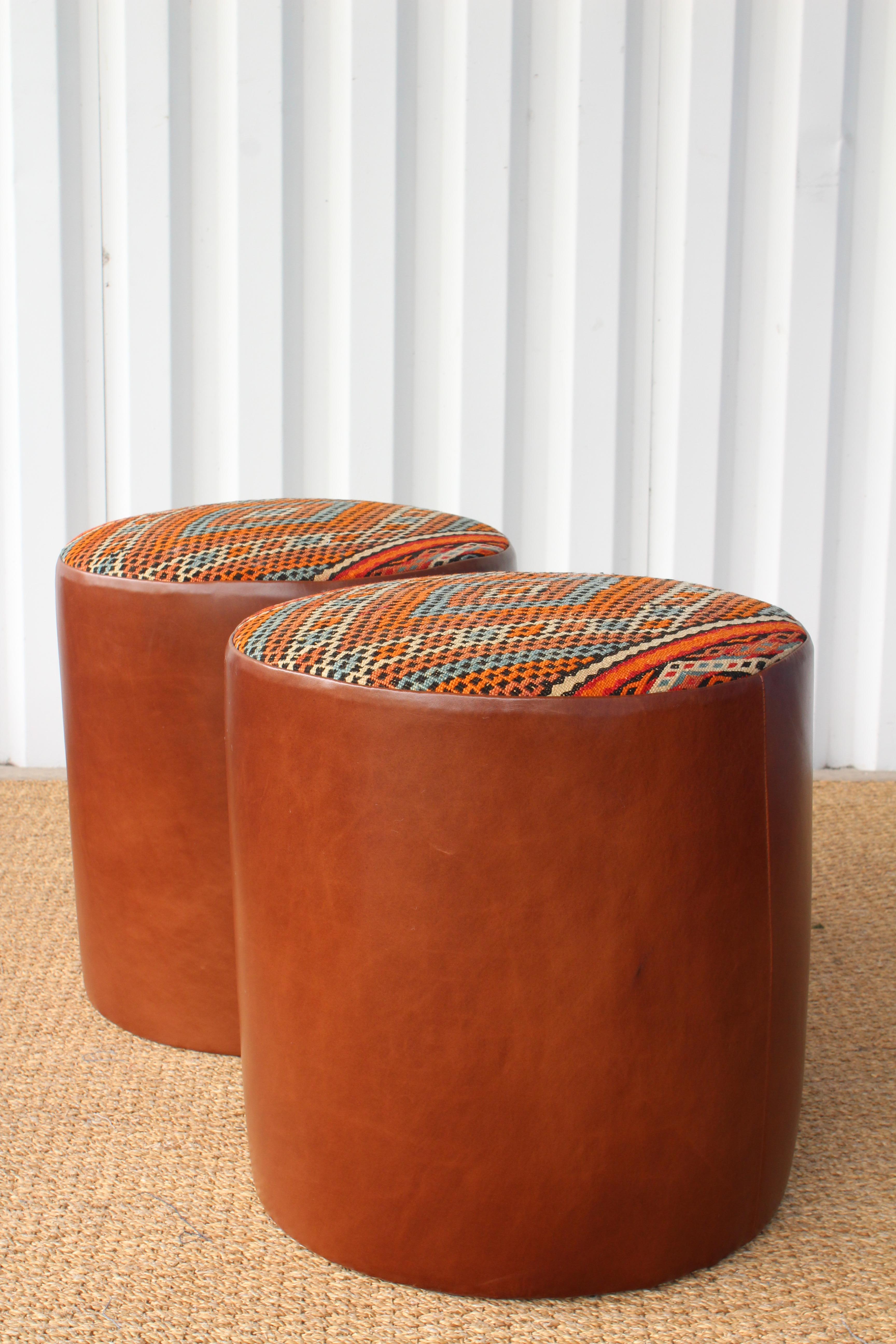 Pair of Custom Stools in Leather with Moroccan Rug Upholstery In New Condition In Los Angeles, CA