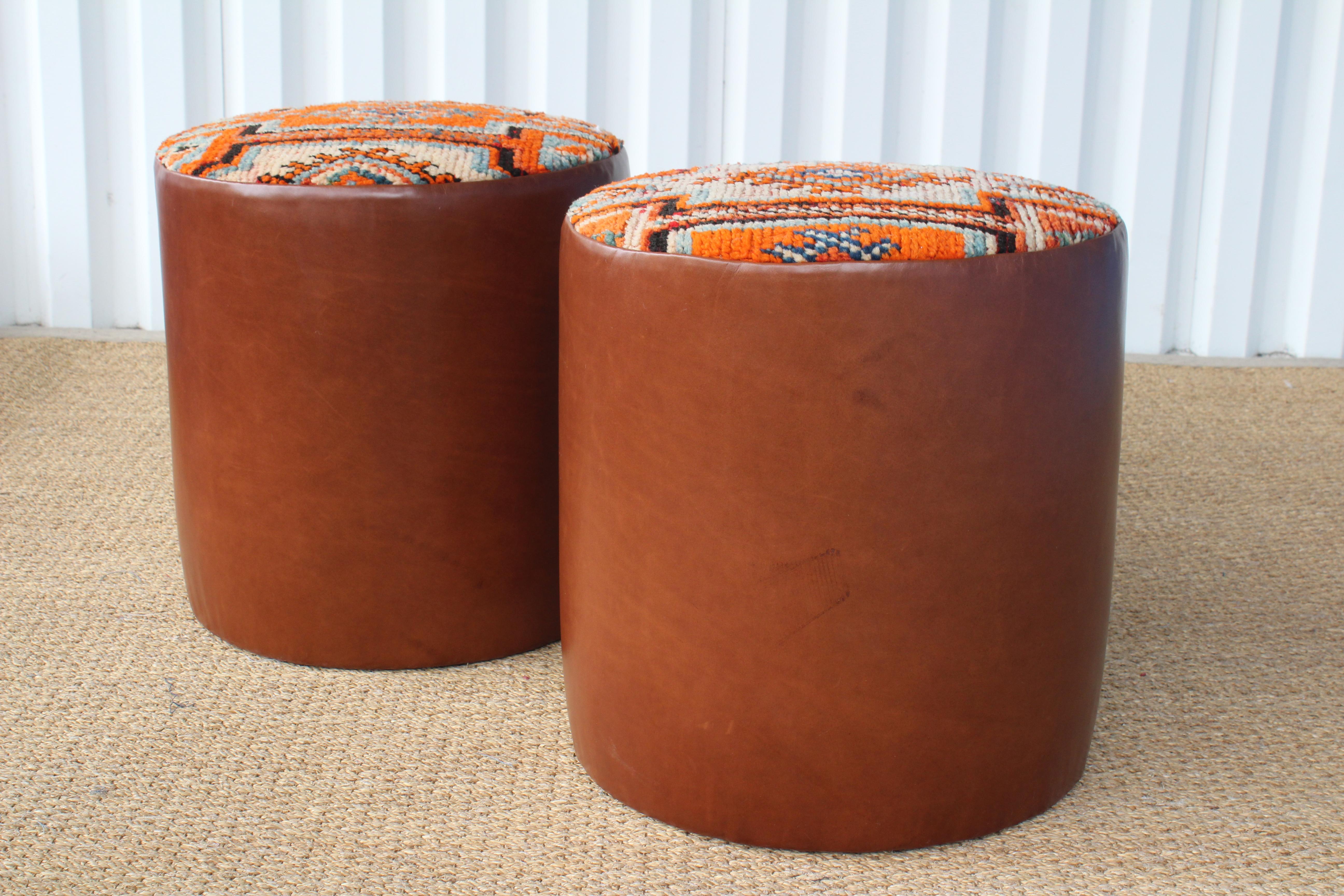 Contemporary Pair of Custom Stools in Leather with Moroccan Rug Upholstery