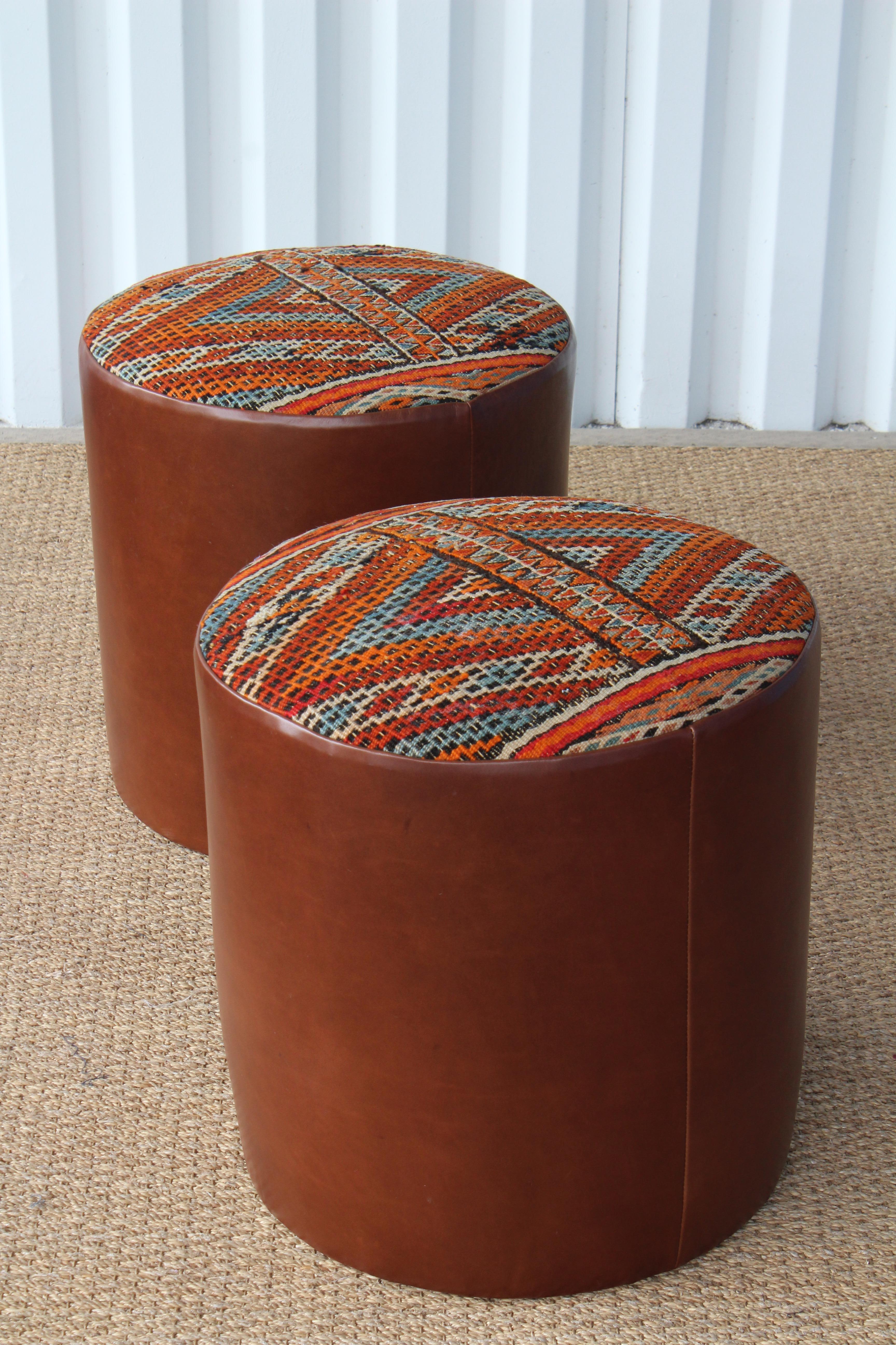 Contemporary Pair of Custom Stools in Leather with Moroccan Rug Upholstery