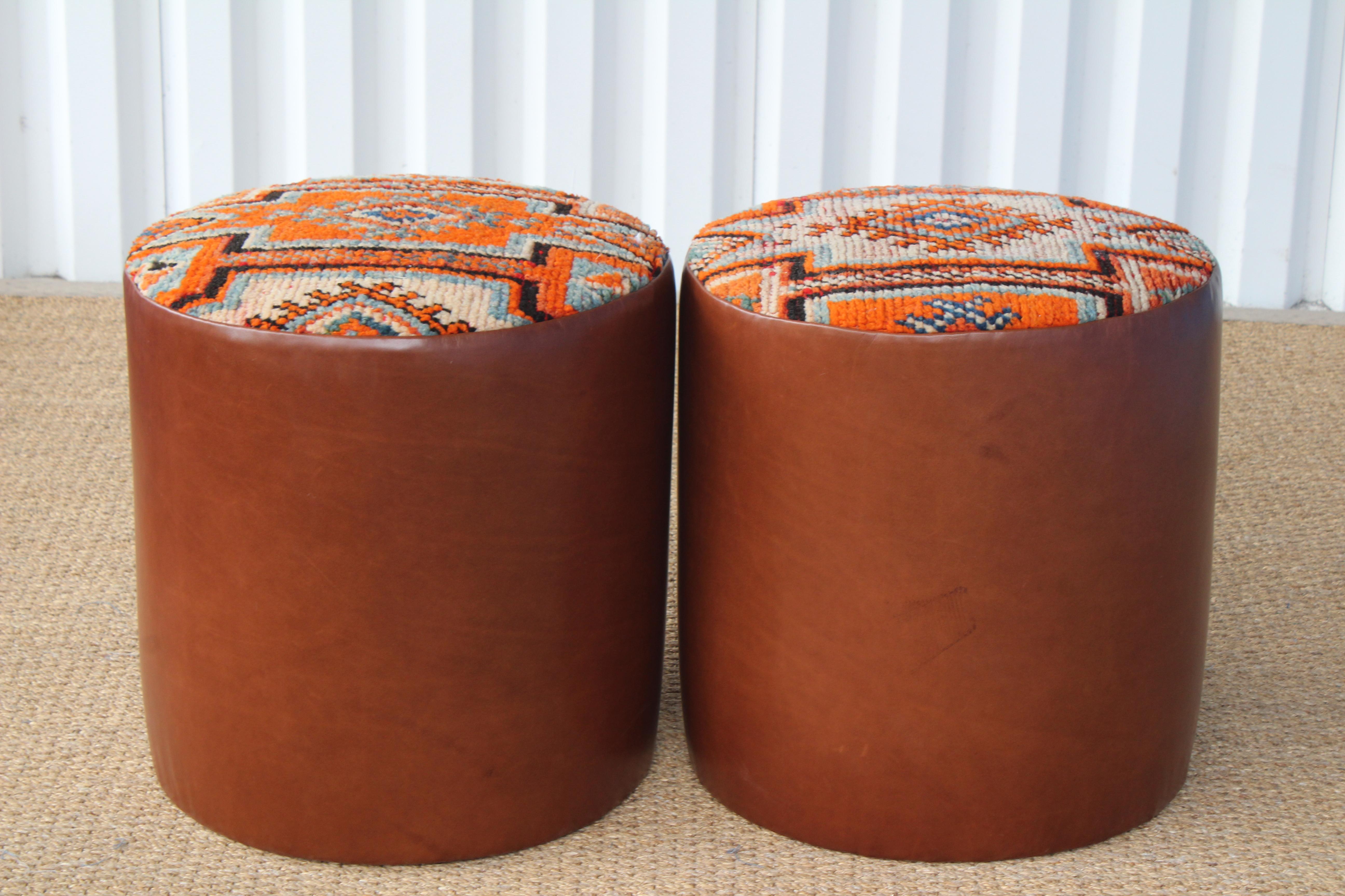 Pair of Custom Stools in Leather with Moroccan Rug Upholstery 1