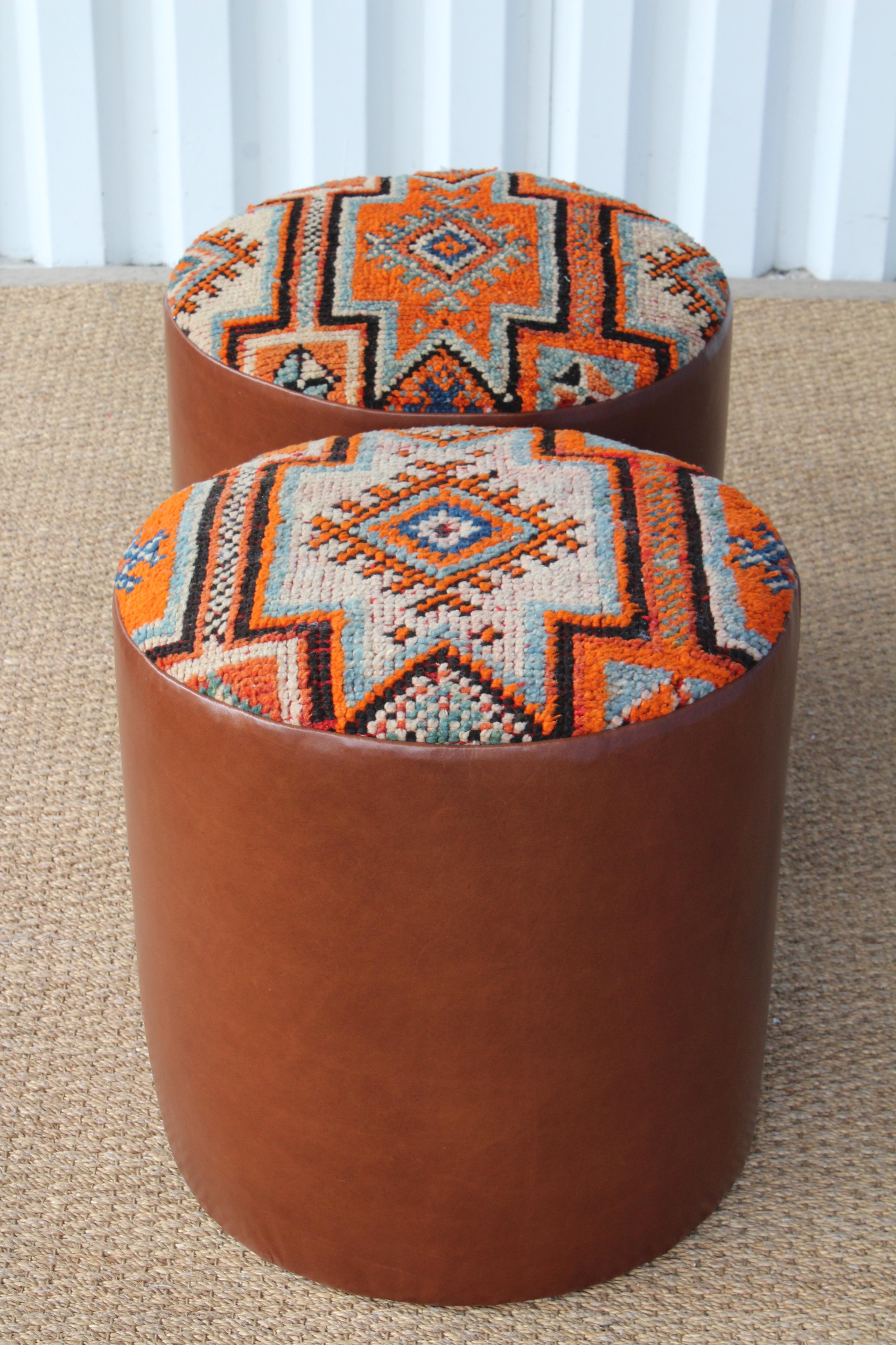 Pair of Custom Stools in Leather with Moroccan Rug Upholstery 2