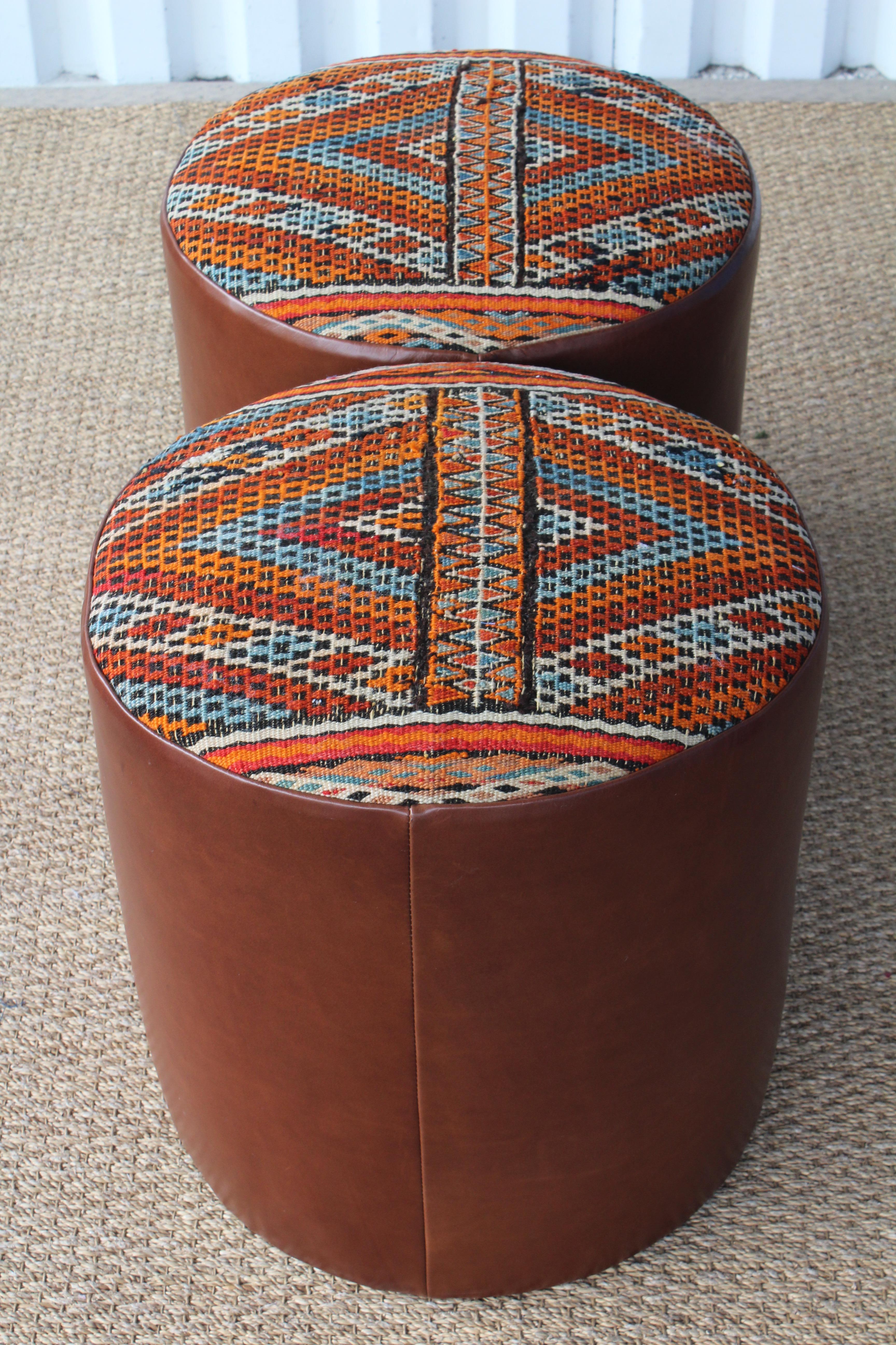 Pair of Custom Stools in Leather with Moroccan Rug Upholstery 2