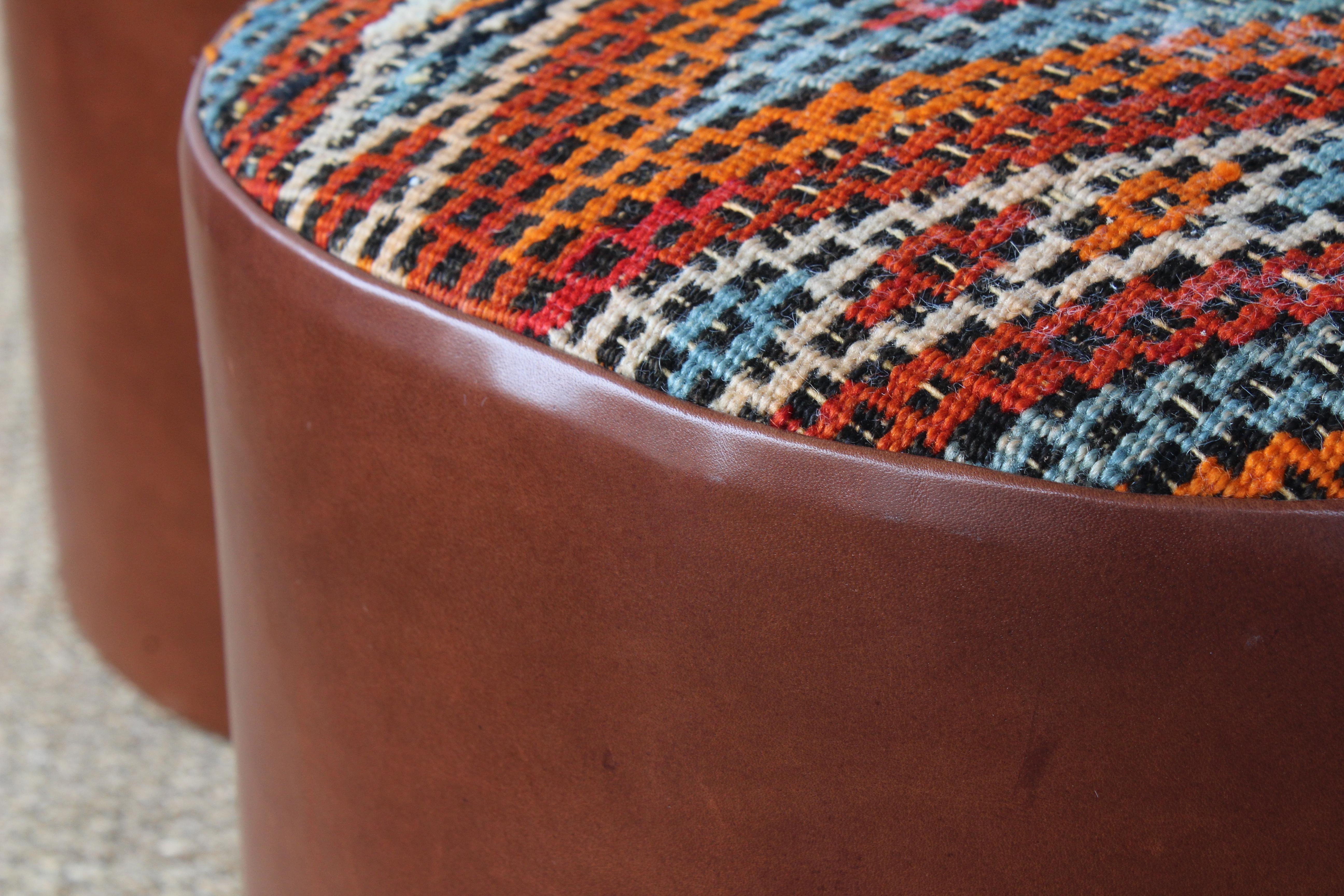 Pair of Custom Stools in Leather with Moroccan Rug Upholstery 4