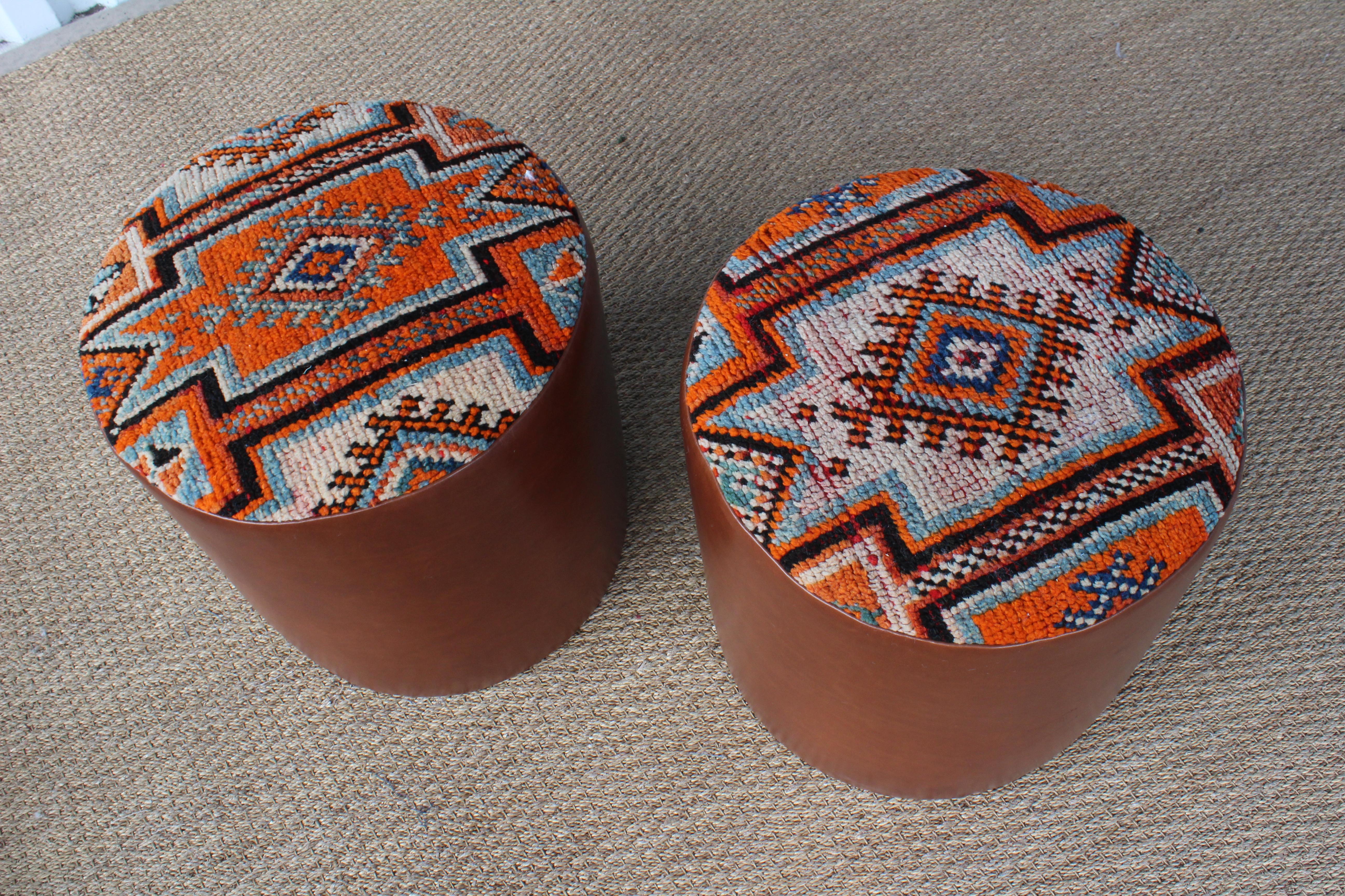 Pair of Custom Stools in Leather with Moroccan Rug Upholstery 5