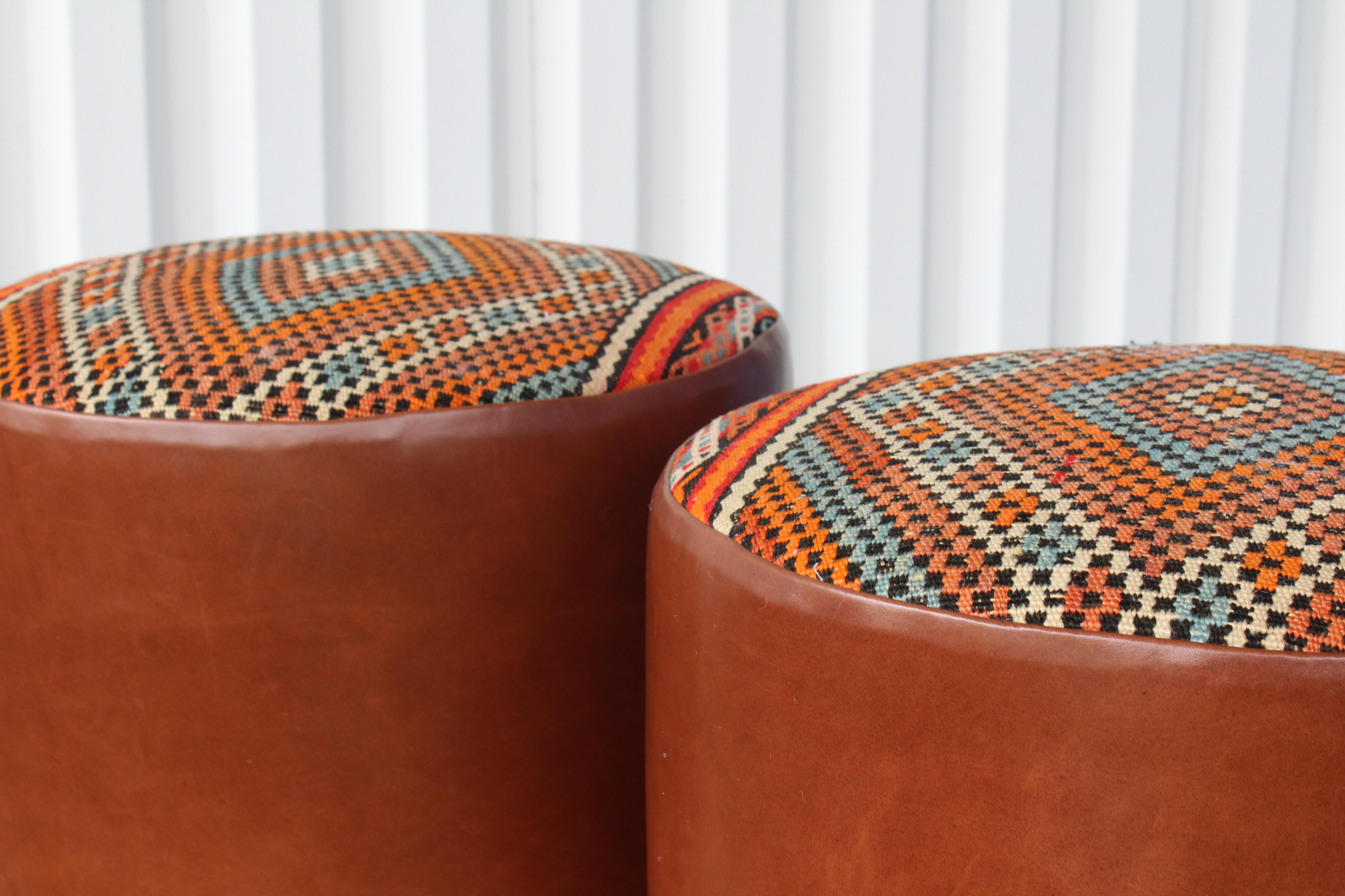 Pair of Custom Stools in Leather with Moroccan Rug Upholstery 5
