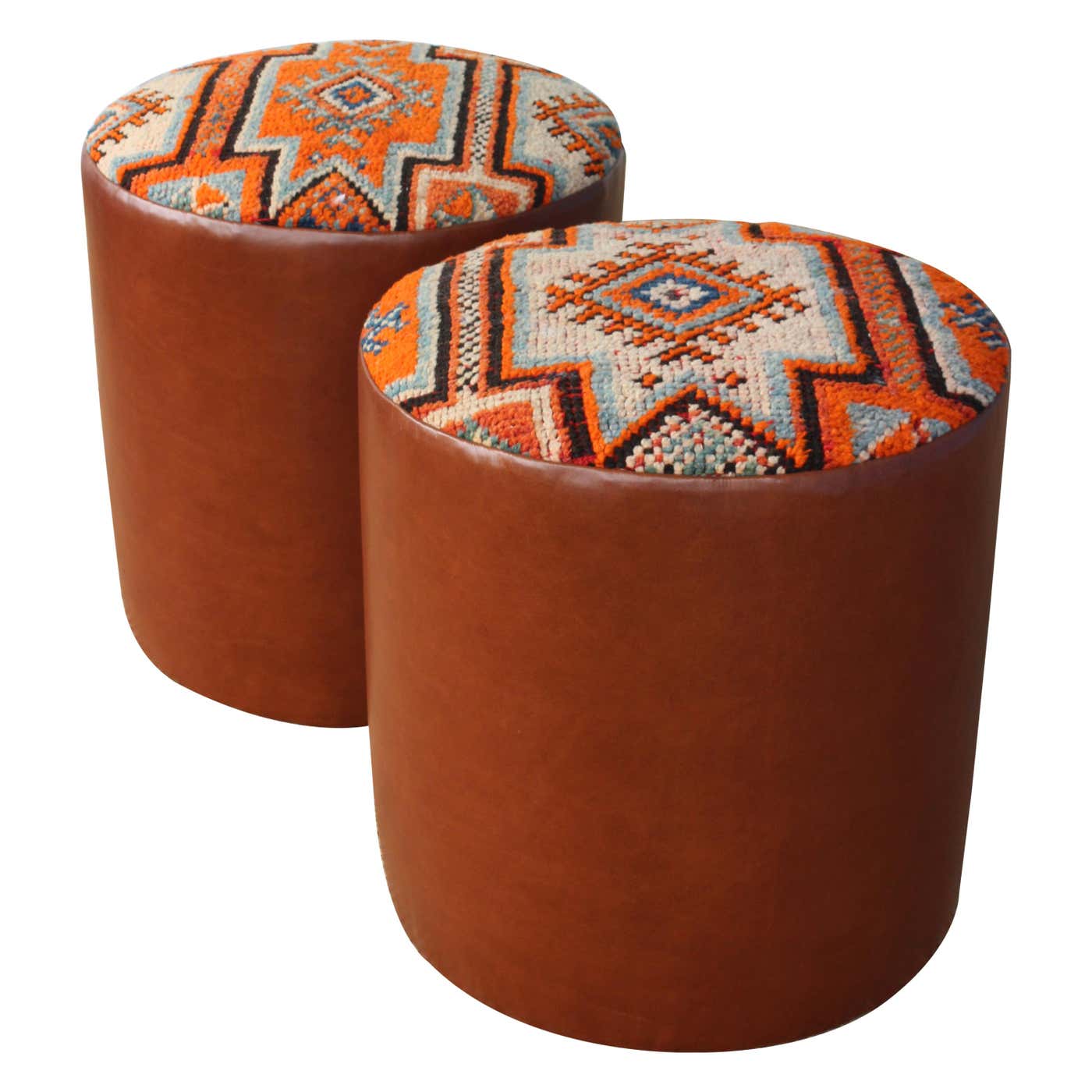 Pair of Custom Stools in Leather with Moroccan Rug Upholstery at 1stDibs