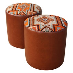 Pair of Custom Stools in Leather with Moroccan Rug Upholstery