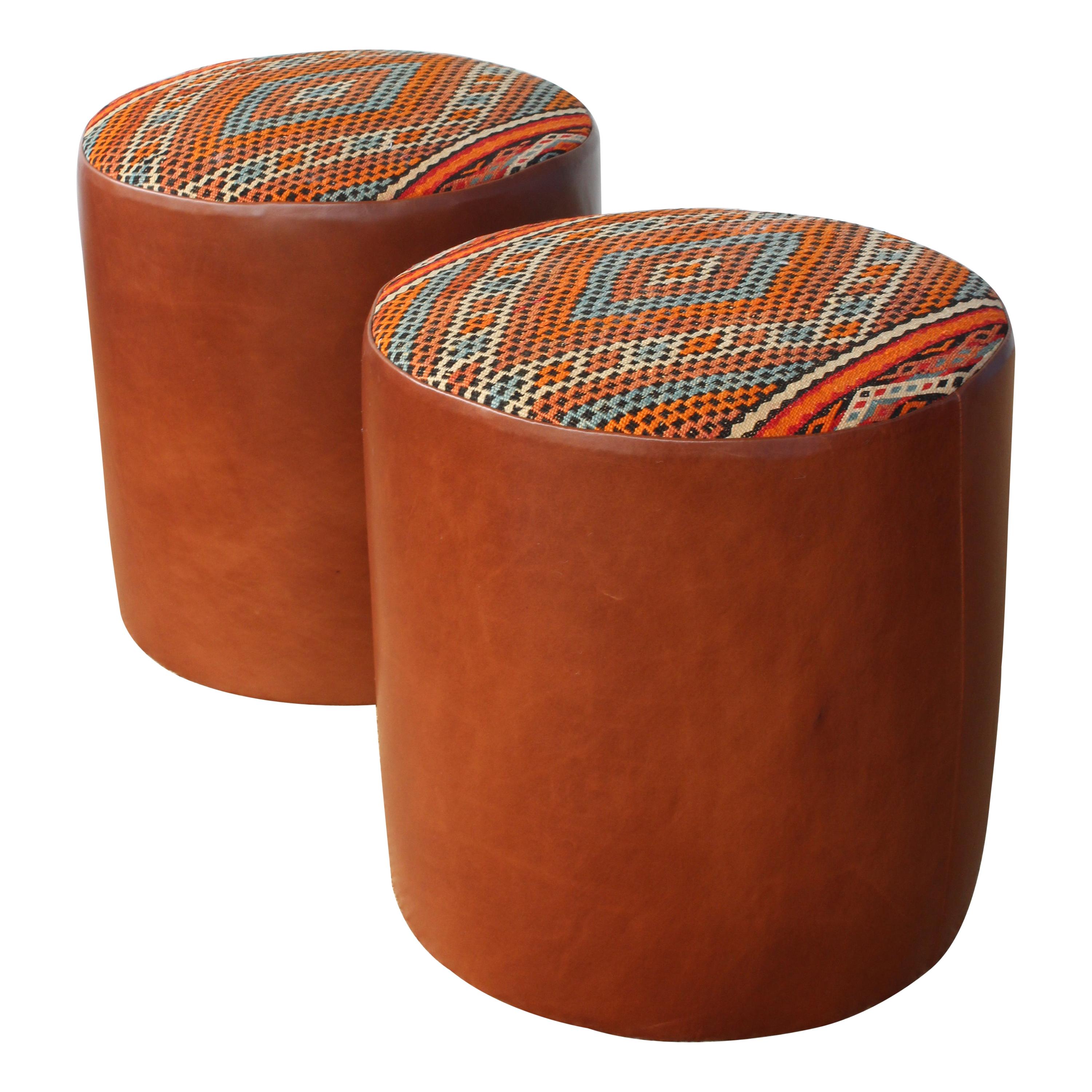 Pair of Custom Stools in Leather with Moroccan Rug Upholstery