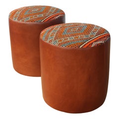 Pair of Custom Stools in Leather with Moroccan Rug Upholstery