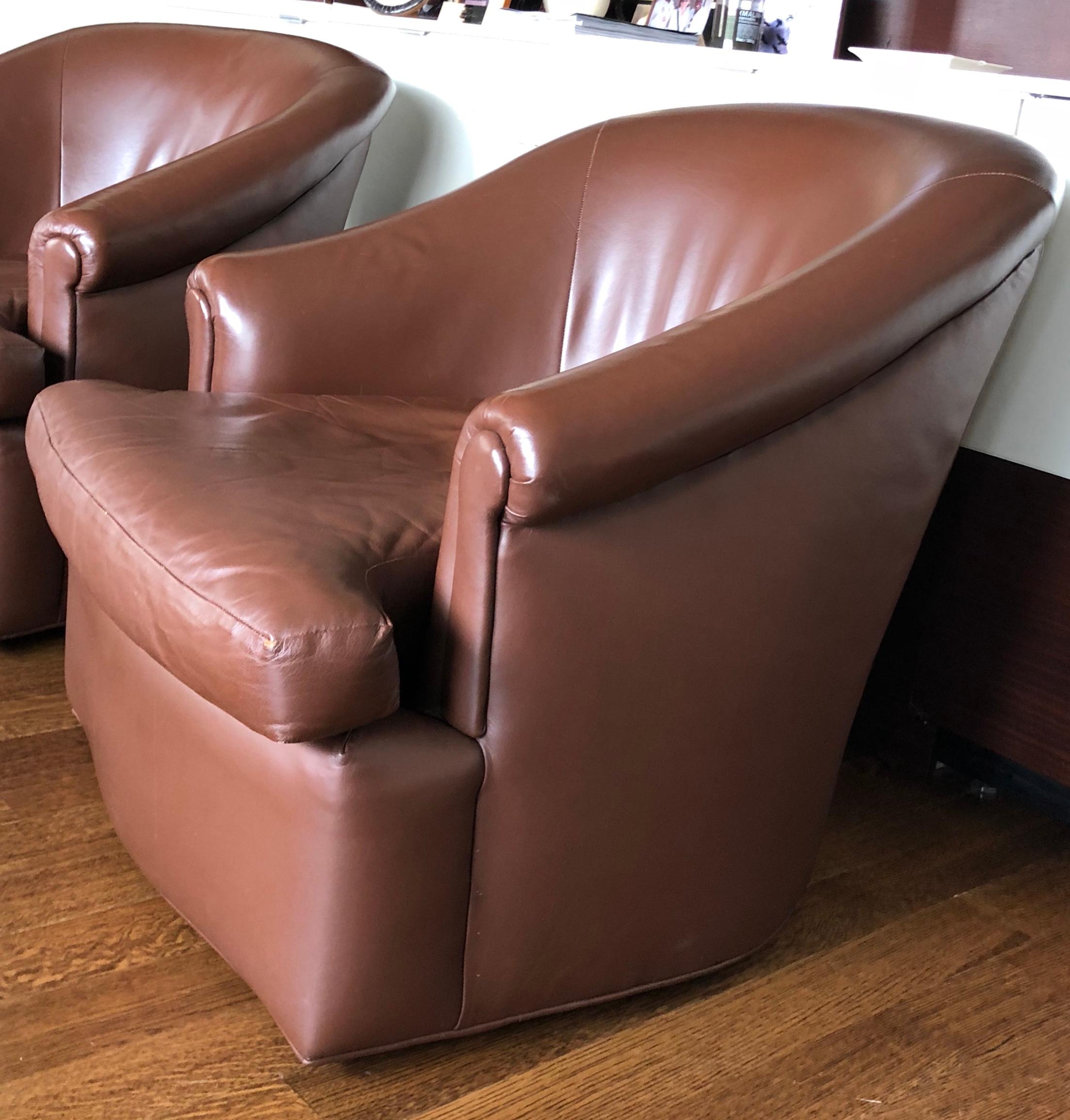 North American Pair of Custom Swivel Club Chairs in Rich Brown Leather