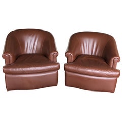 Pair of Custom Swivel Club Chairs in Rich Brown Leather