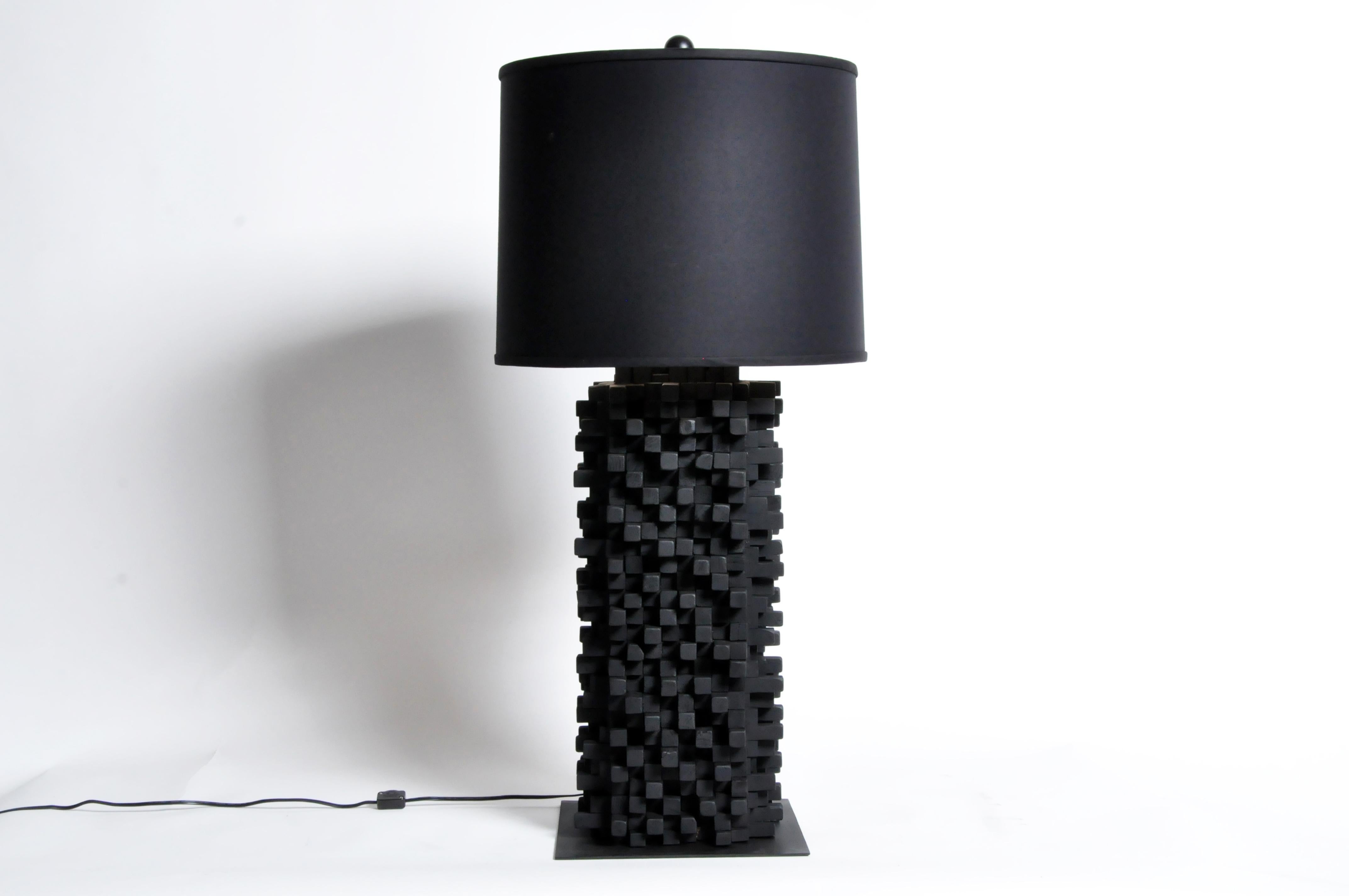 Pair of Custom Table Lamps Made from Reclaimed Teak Wood In Good Condition In Chicago, IL