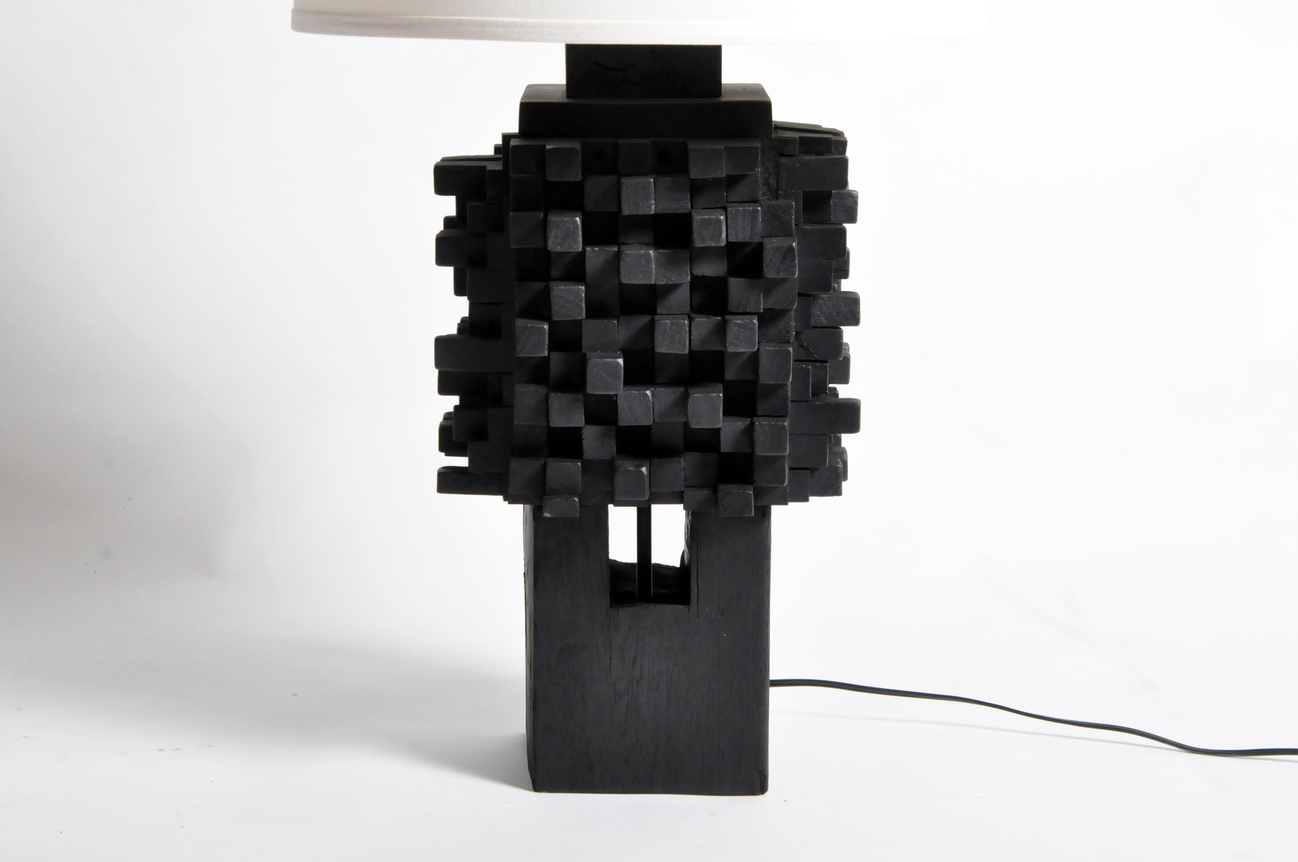Pair of Custom Table Lamps Made from Reclaimed Teak Wood In Good Condition In Chicago, IL