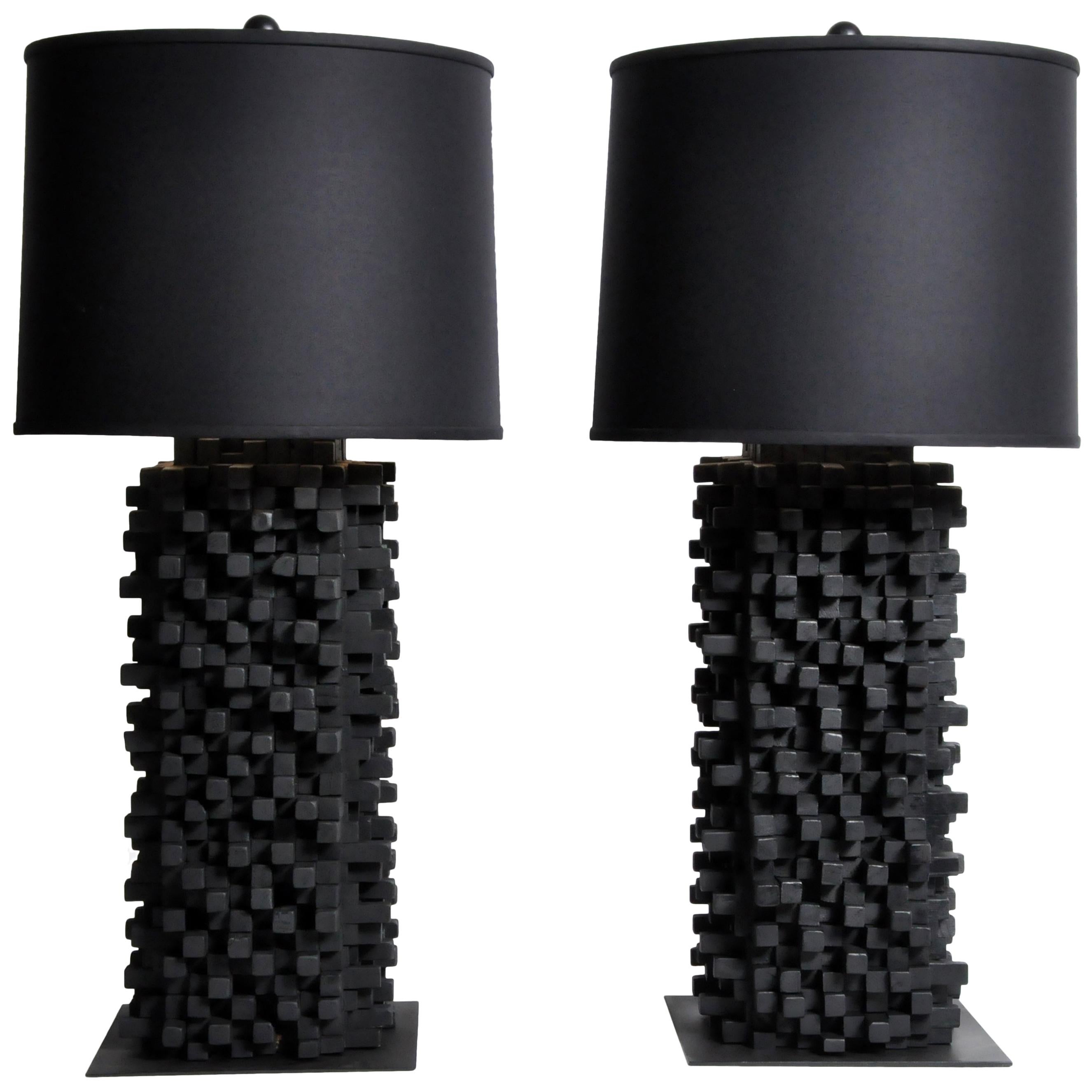 Pair of Custom Table Lamps Made from Reclaimed Teak Wood