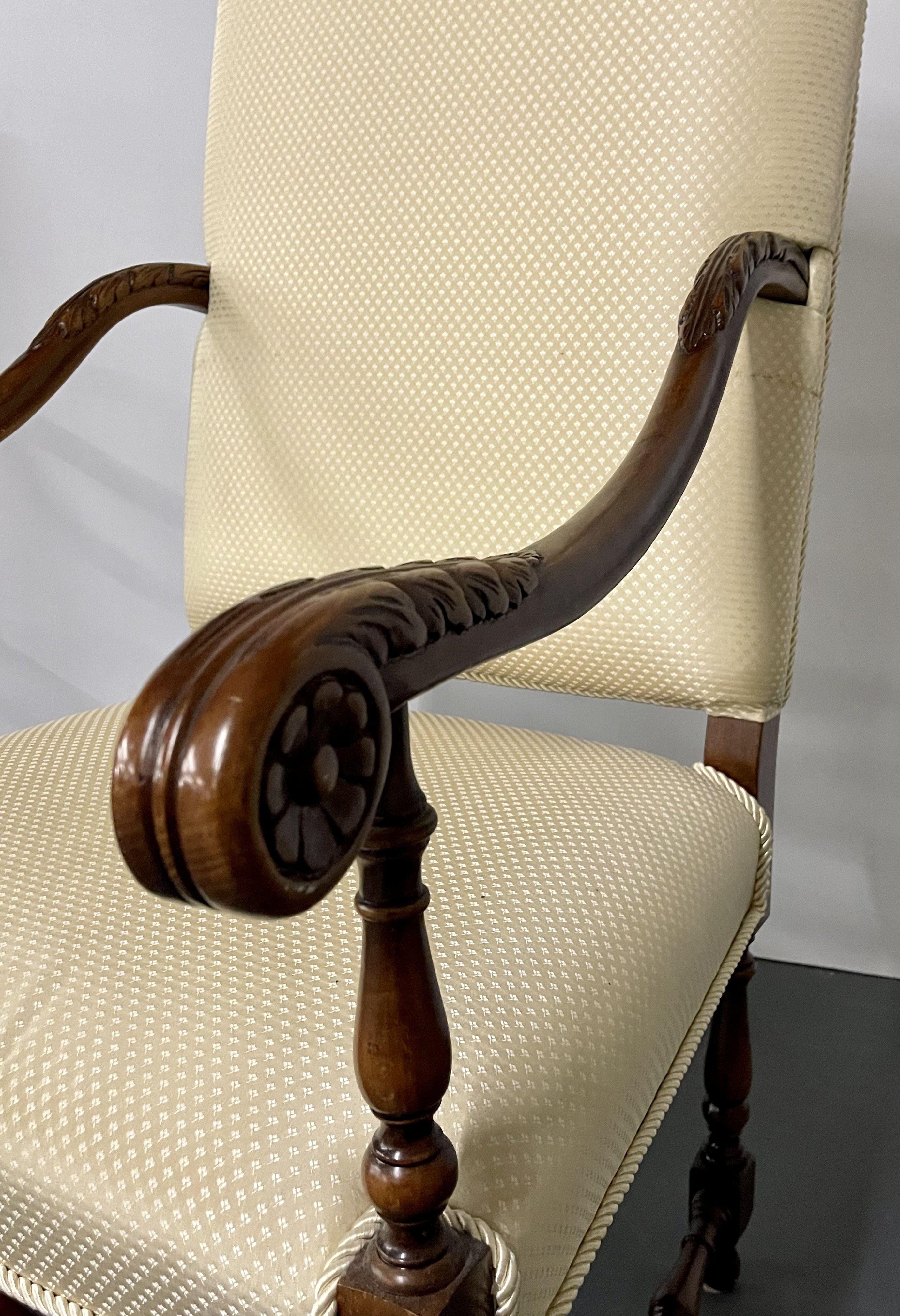 Pair of Custom Throne, Hi Back Chairs, Fine Upholstery, Barley Twist, Jacobean For Sale 5